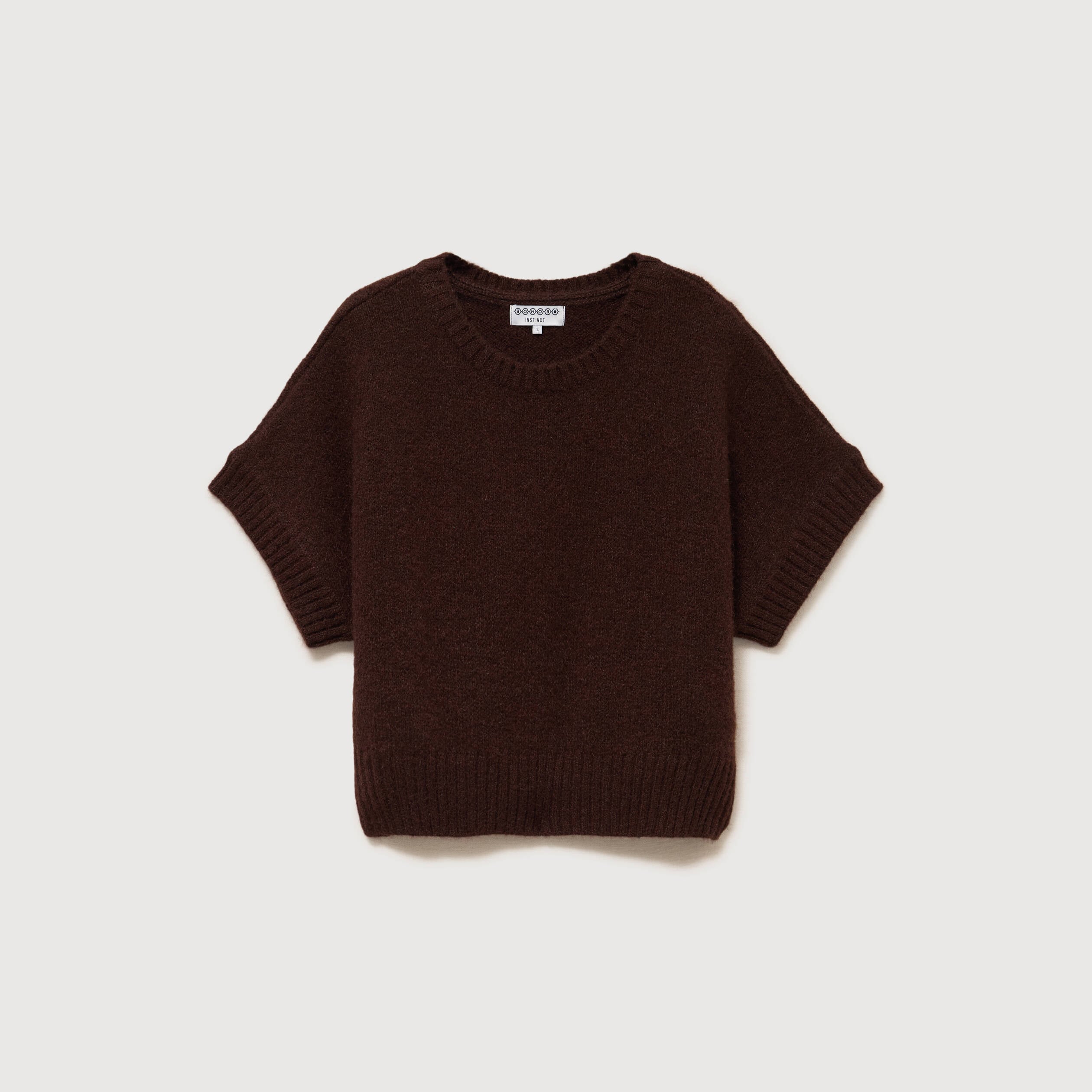 Pull oversize col rond manches courtes marron femme