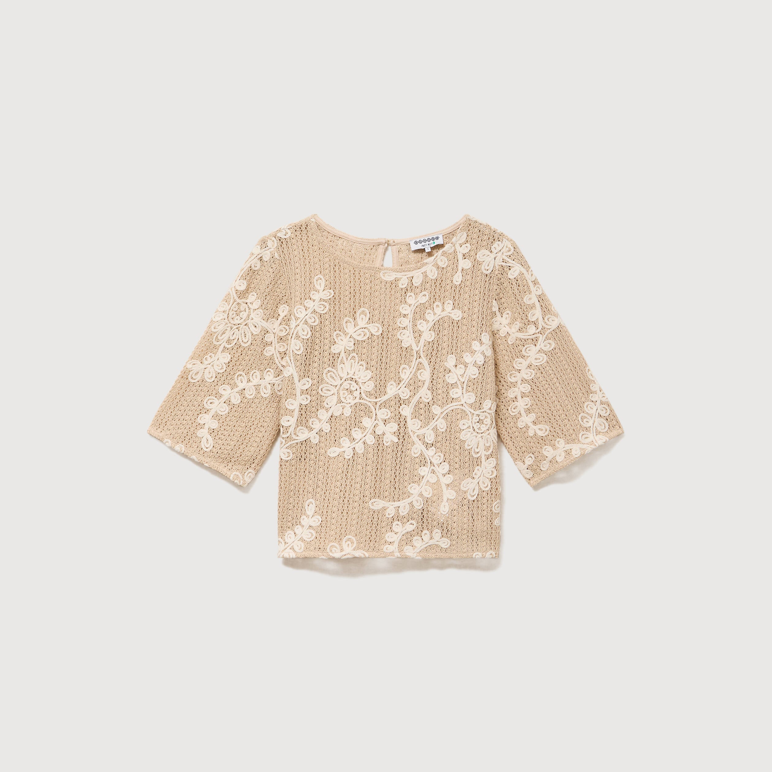 T-shirt brod&eacute; col rond manches 3/4 beige femme