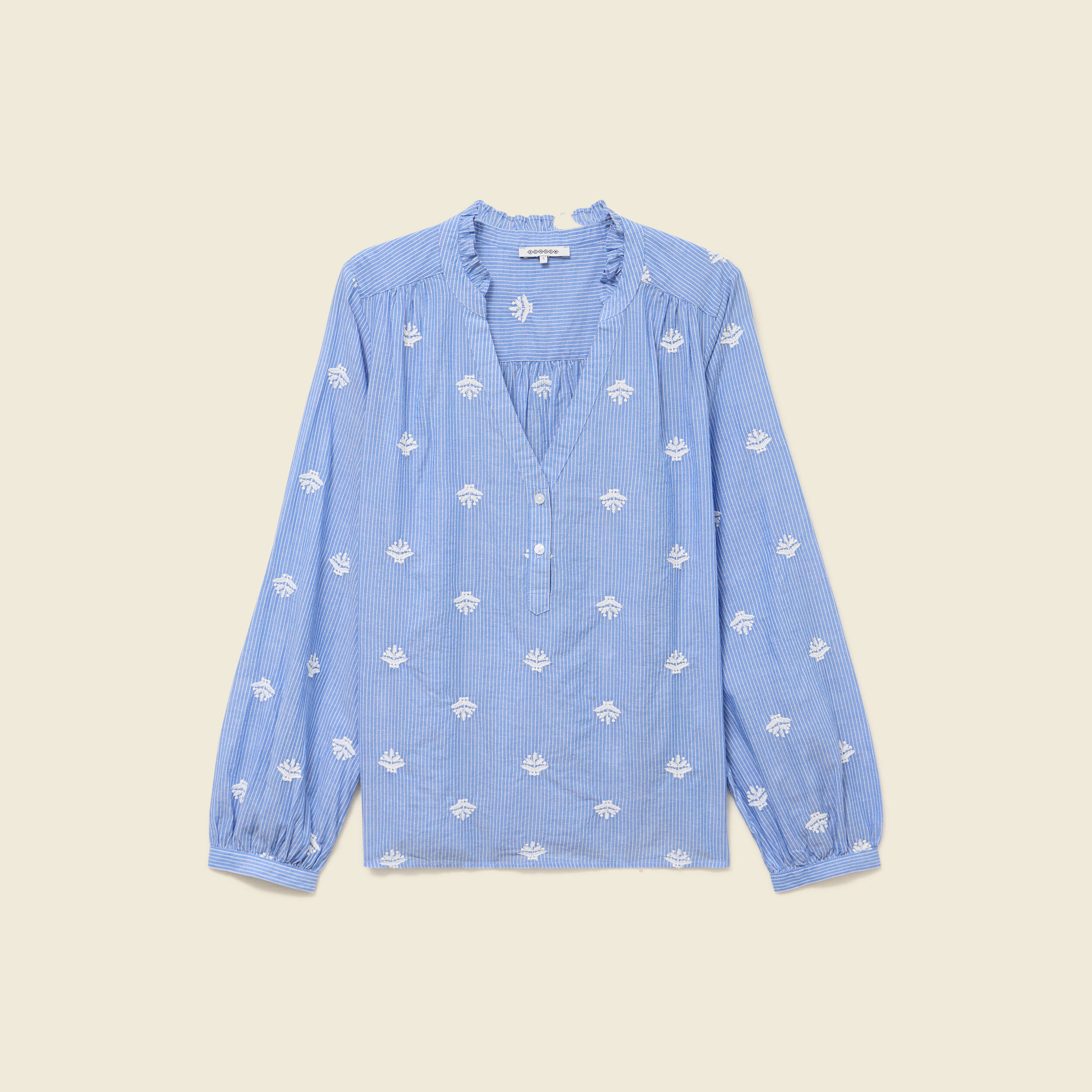 Blouse manches longues en coton brod&eacute; bleu gris femme