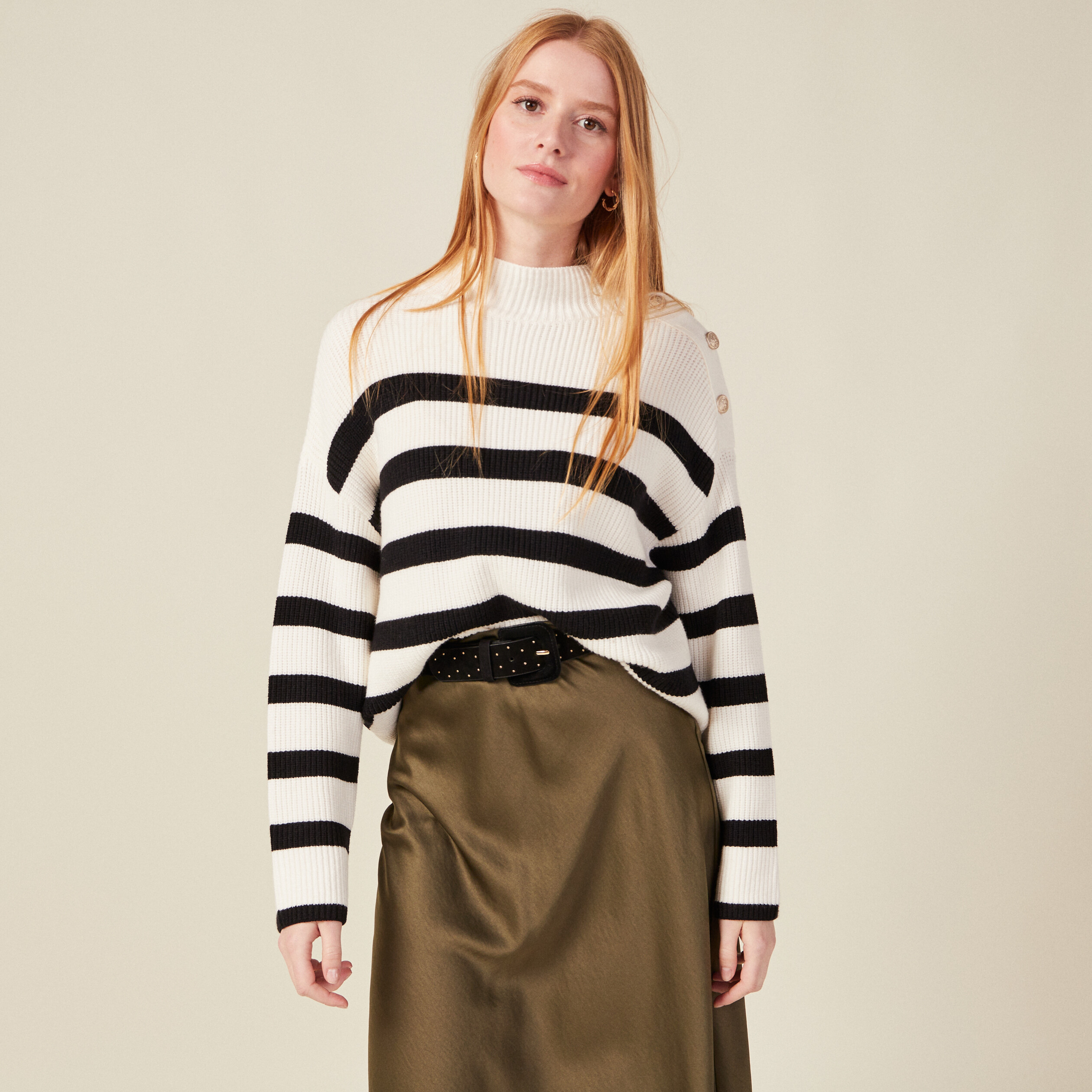 Pull manches longues à boutons ecru femme
