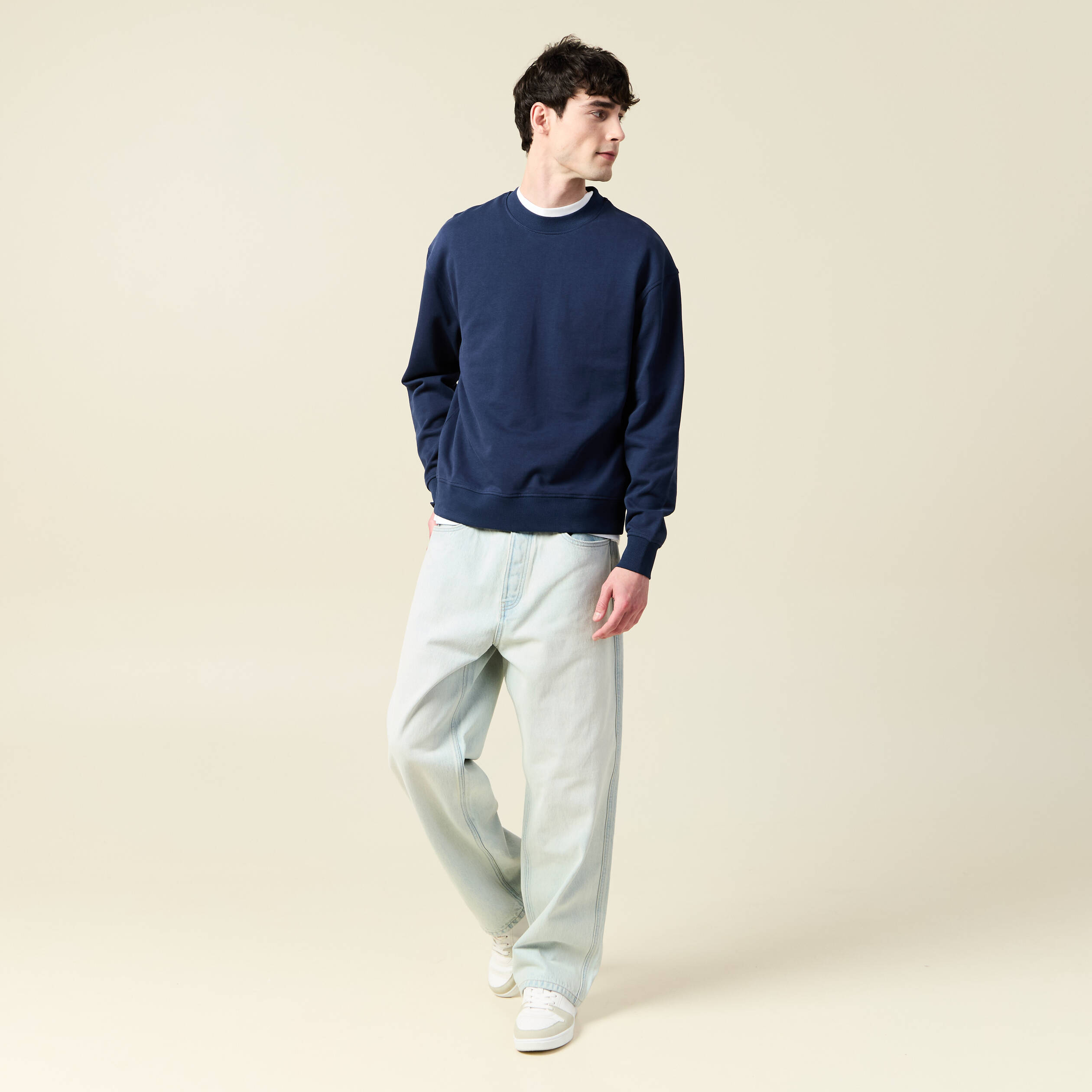 Sweat col rond manches longues en coton bleu marine homme