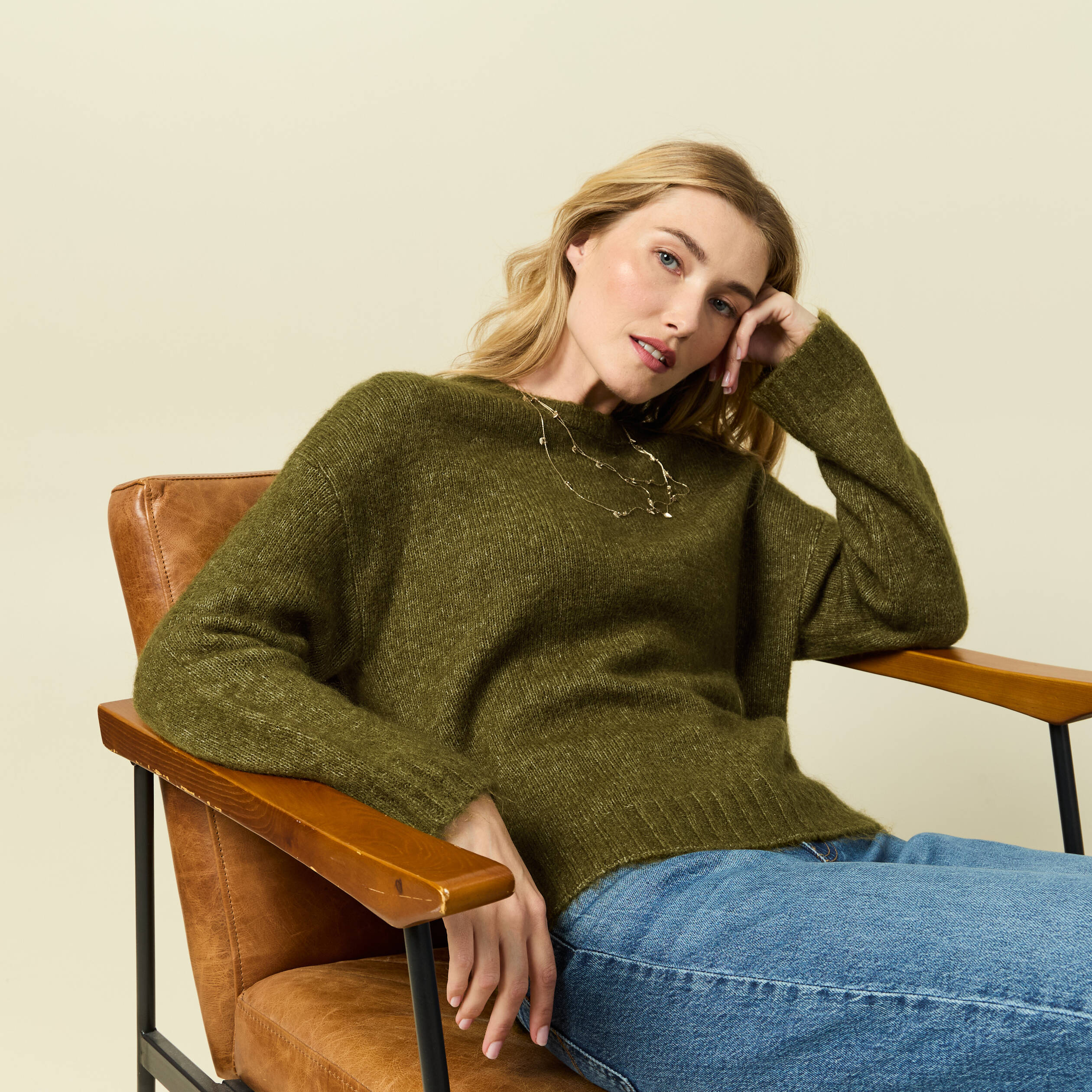 Pull col rond manches longues vert kaki femme Bonobo