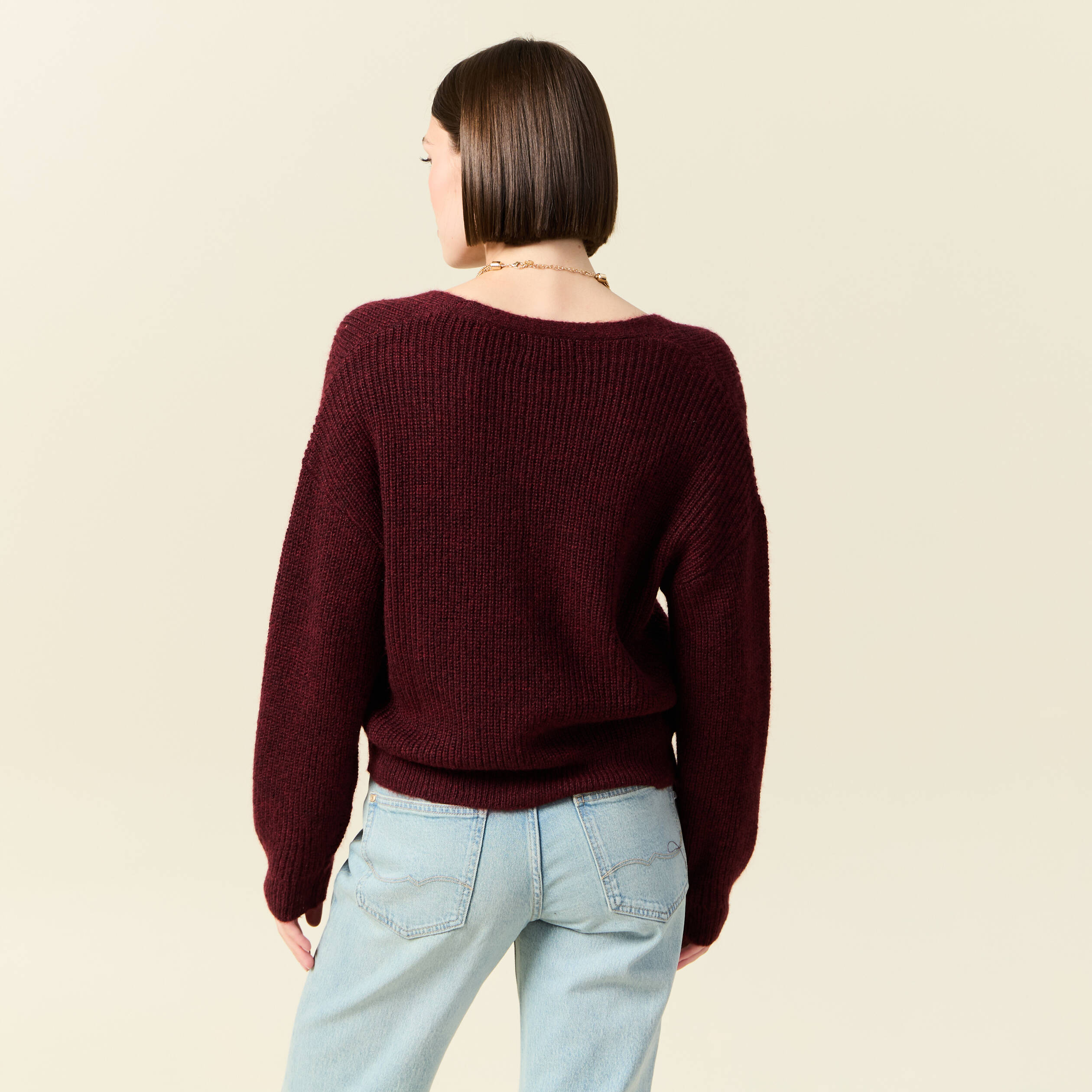 gilet ajoure col v manches longues bordeaux femme Gilet ajouré col V manches longues bordeaux femme