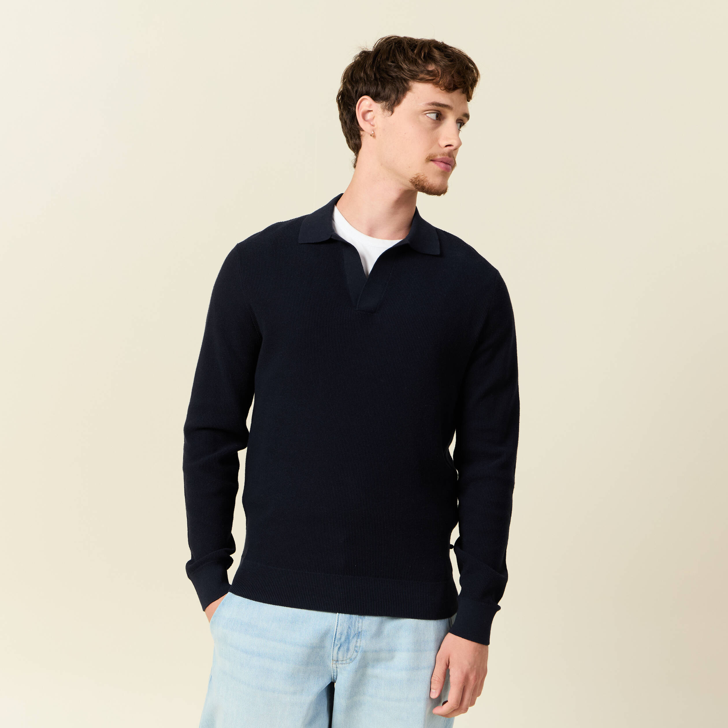Pull droit col polo manches longues bleu marine homme Bonobo
