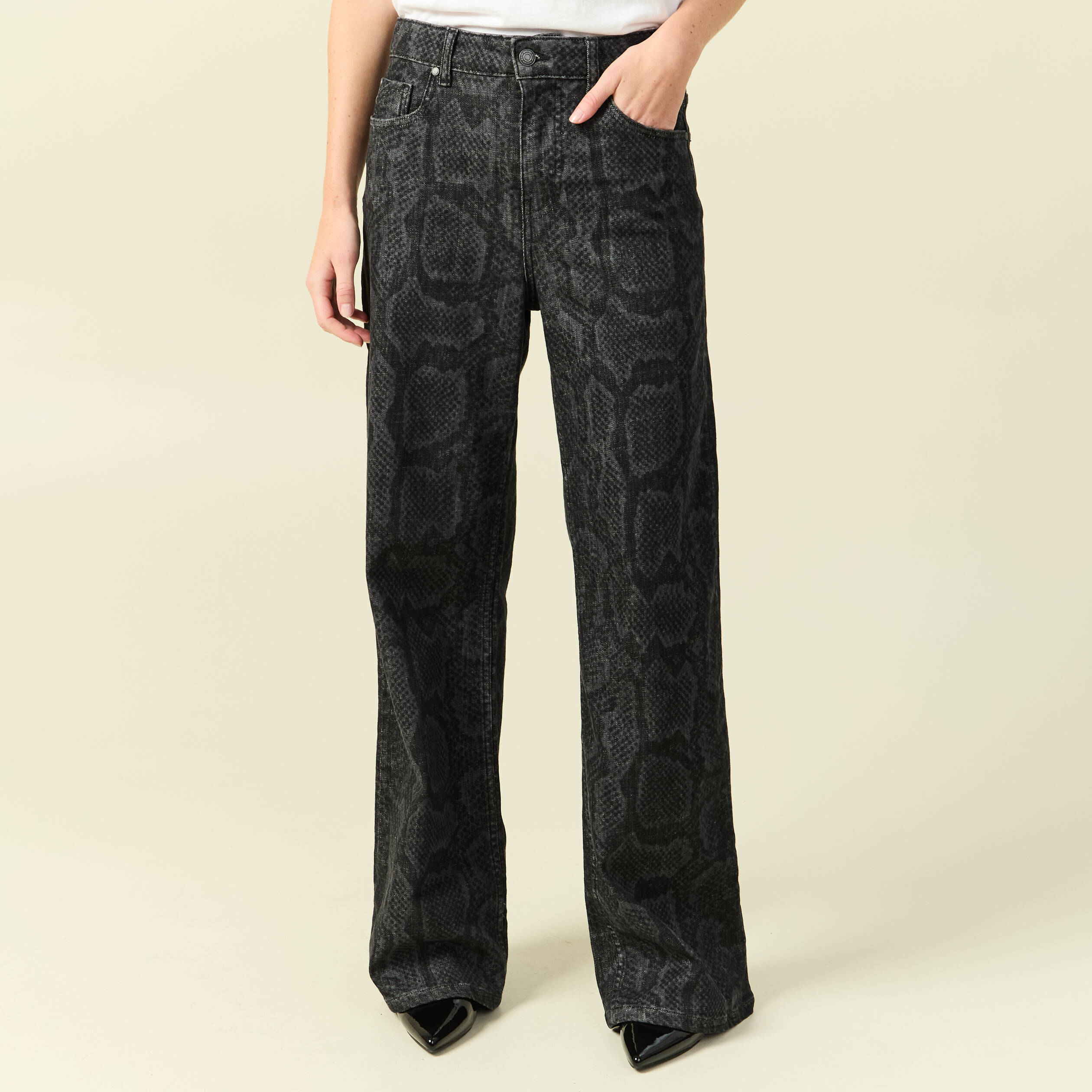 Pantalon wide large taille haute gris fonc&eacute; femme
