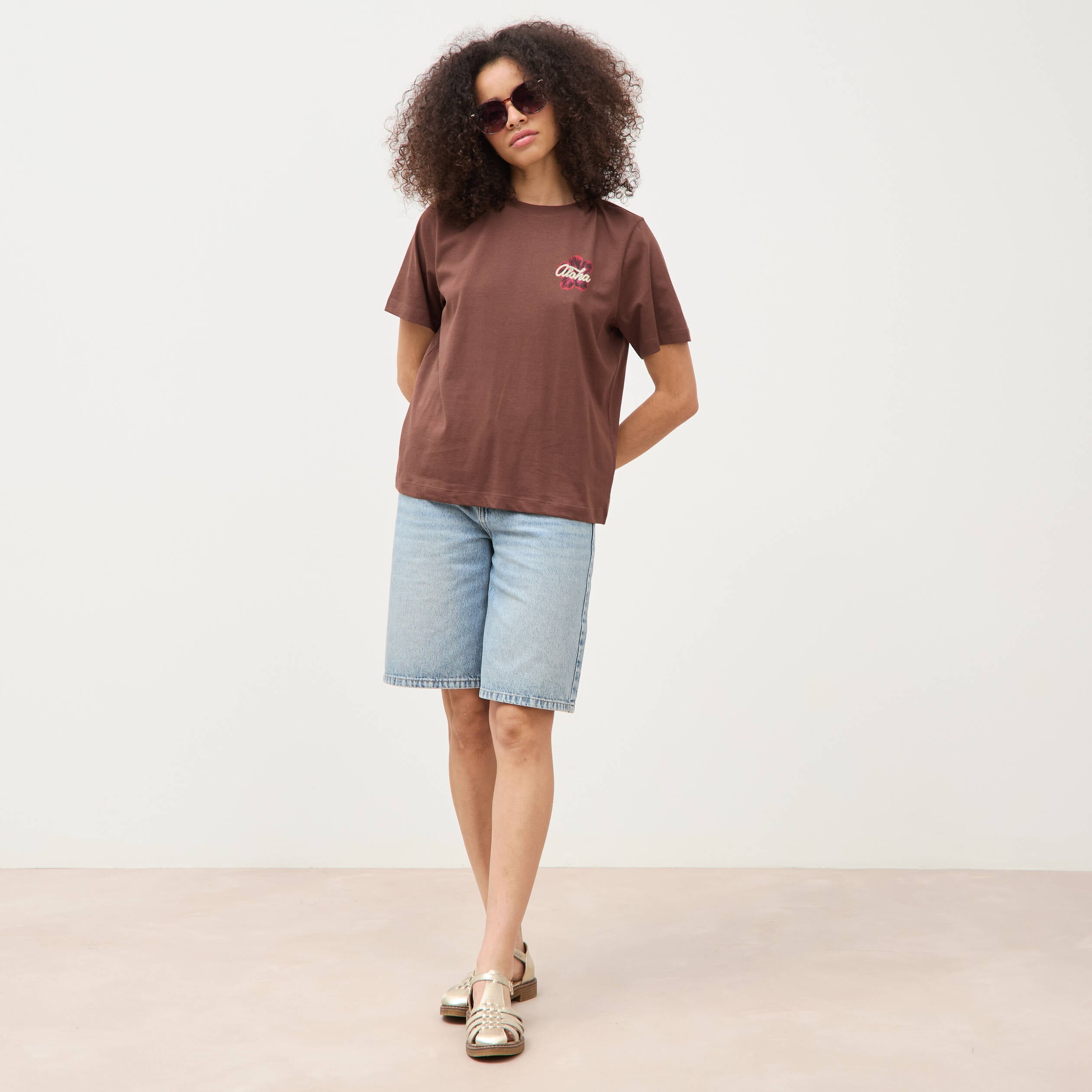 T-shirt droit en coton manches courtes marron cognac femme