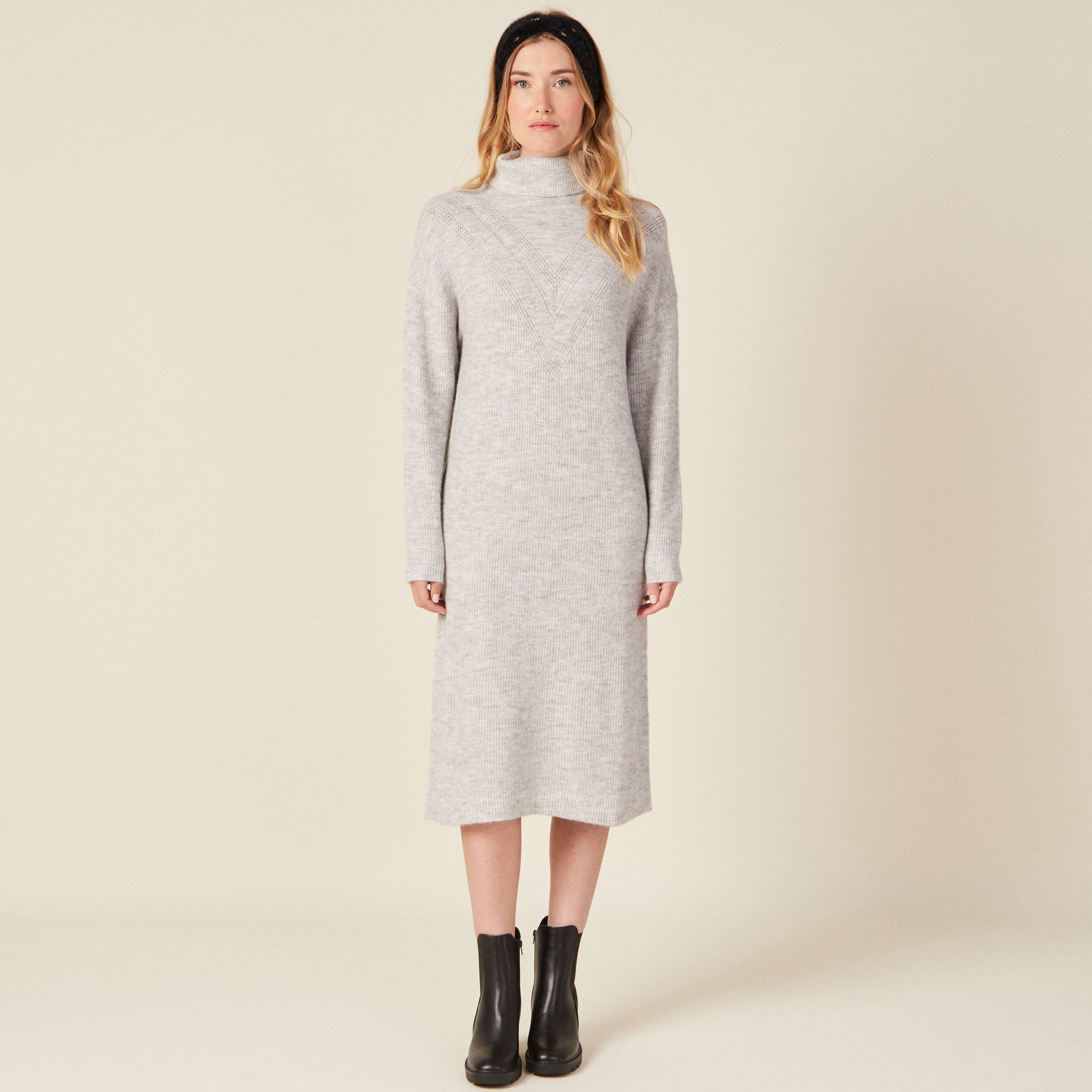 robe pull longue col roule gris femme Robe pull longue col roulé gris femme