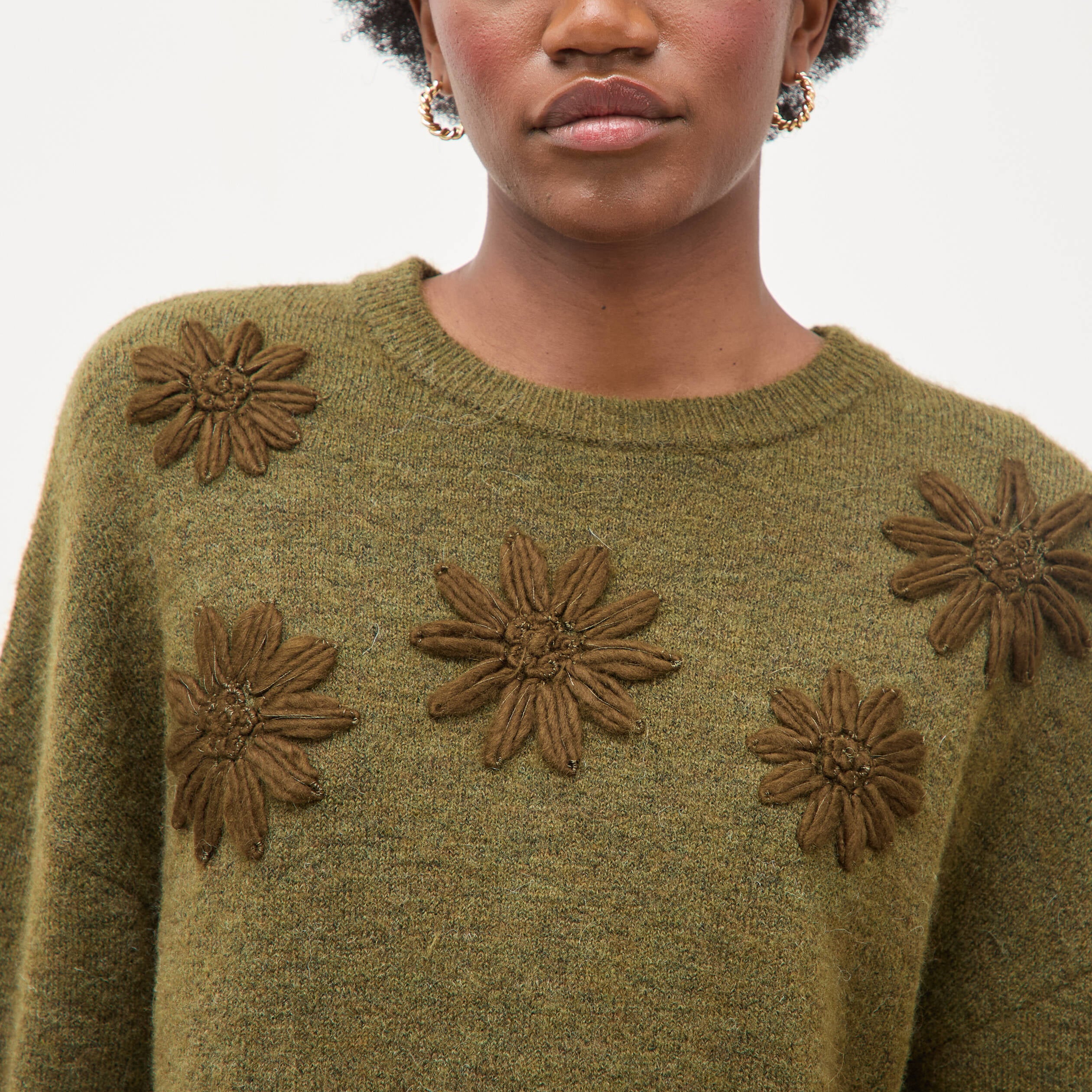 Pull manches longues col rond vert olive femme