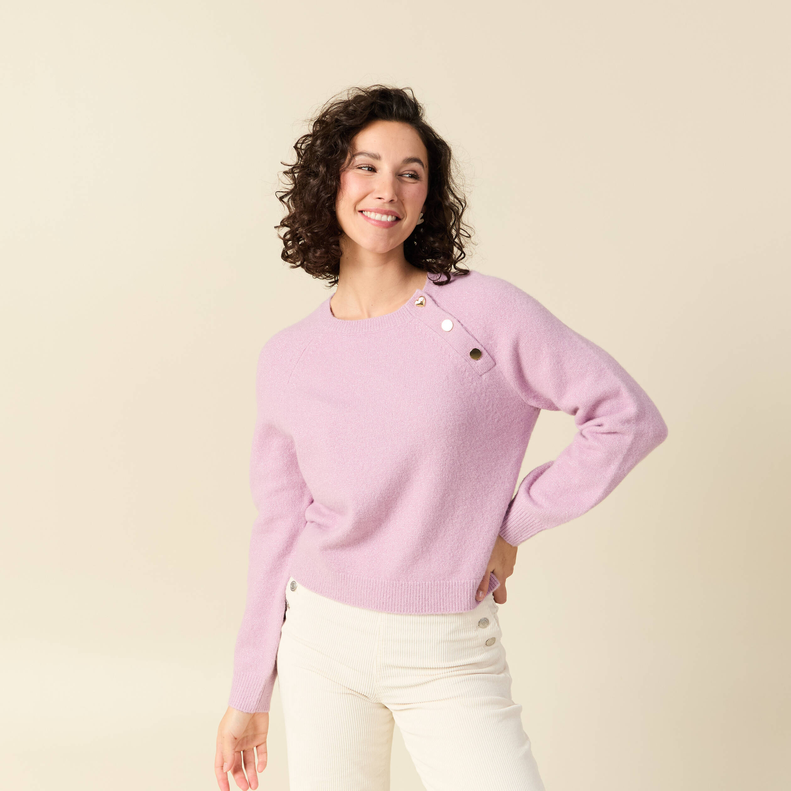Pull manches longues col rond mauve femme