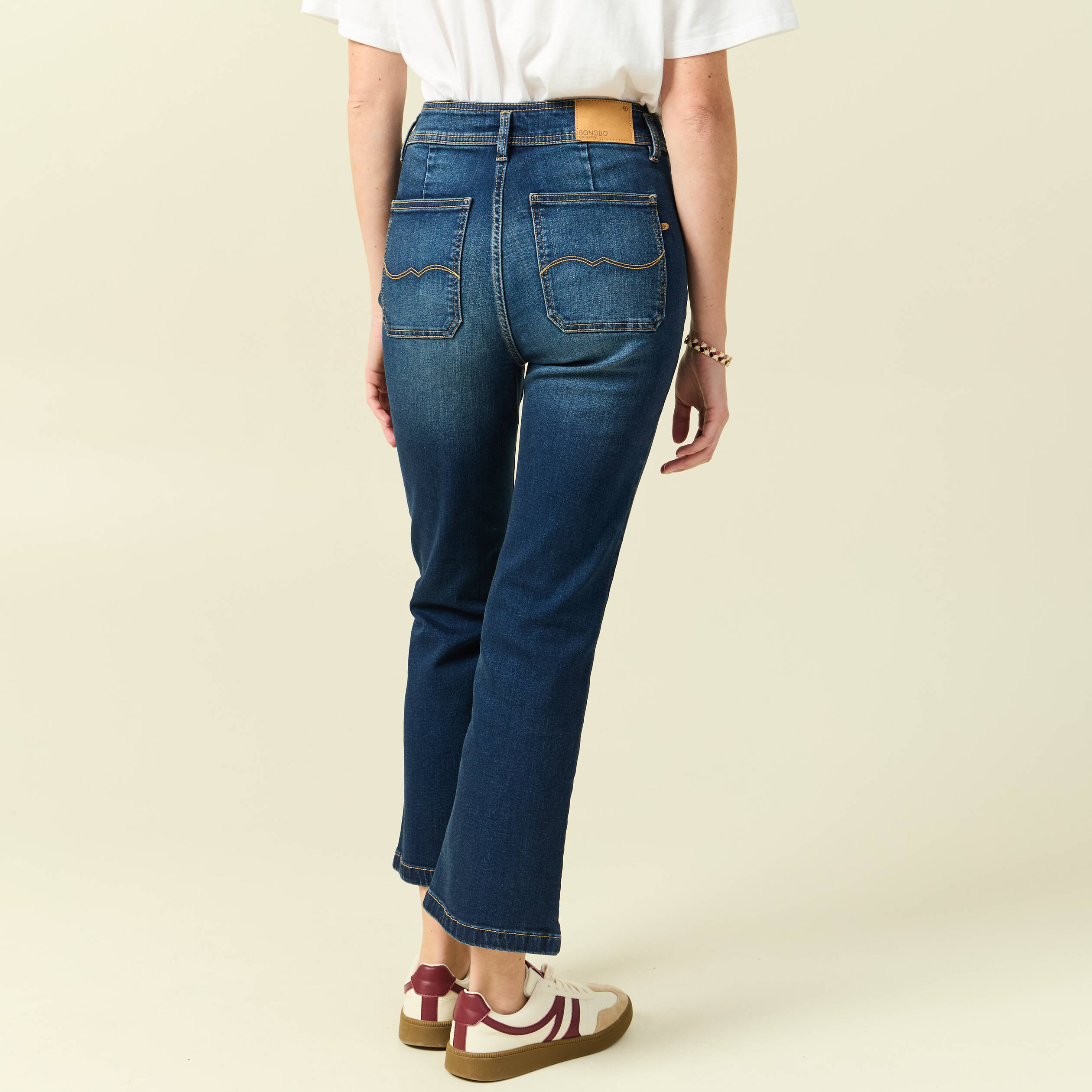 Jeans bootcut cropped taille haute denim brut femme