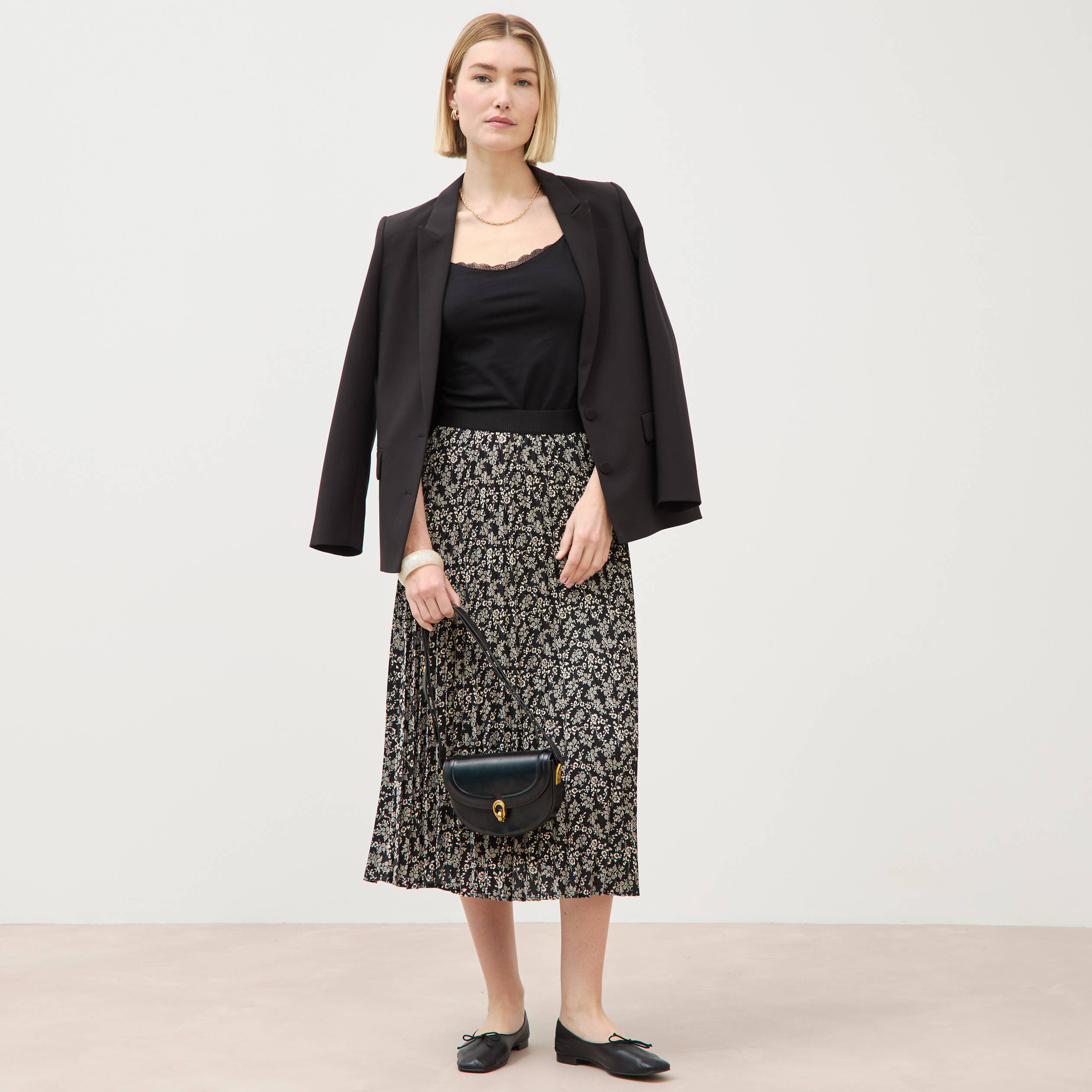 Jupe longue droite pliss&eacute;e noir femme