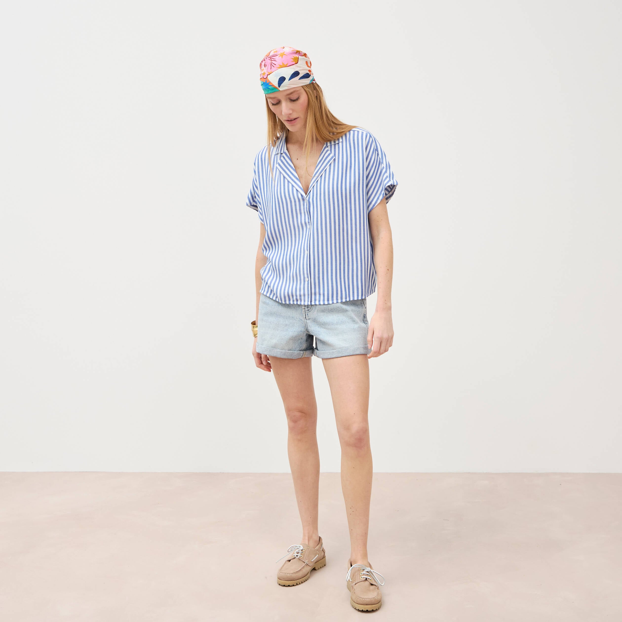 Chemise manches 3/4 bleu femme