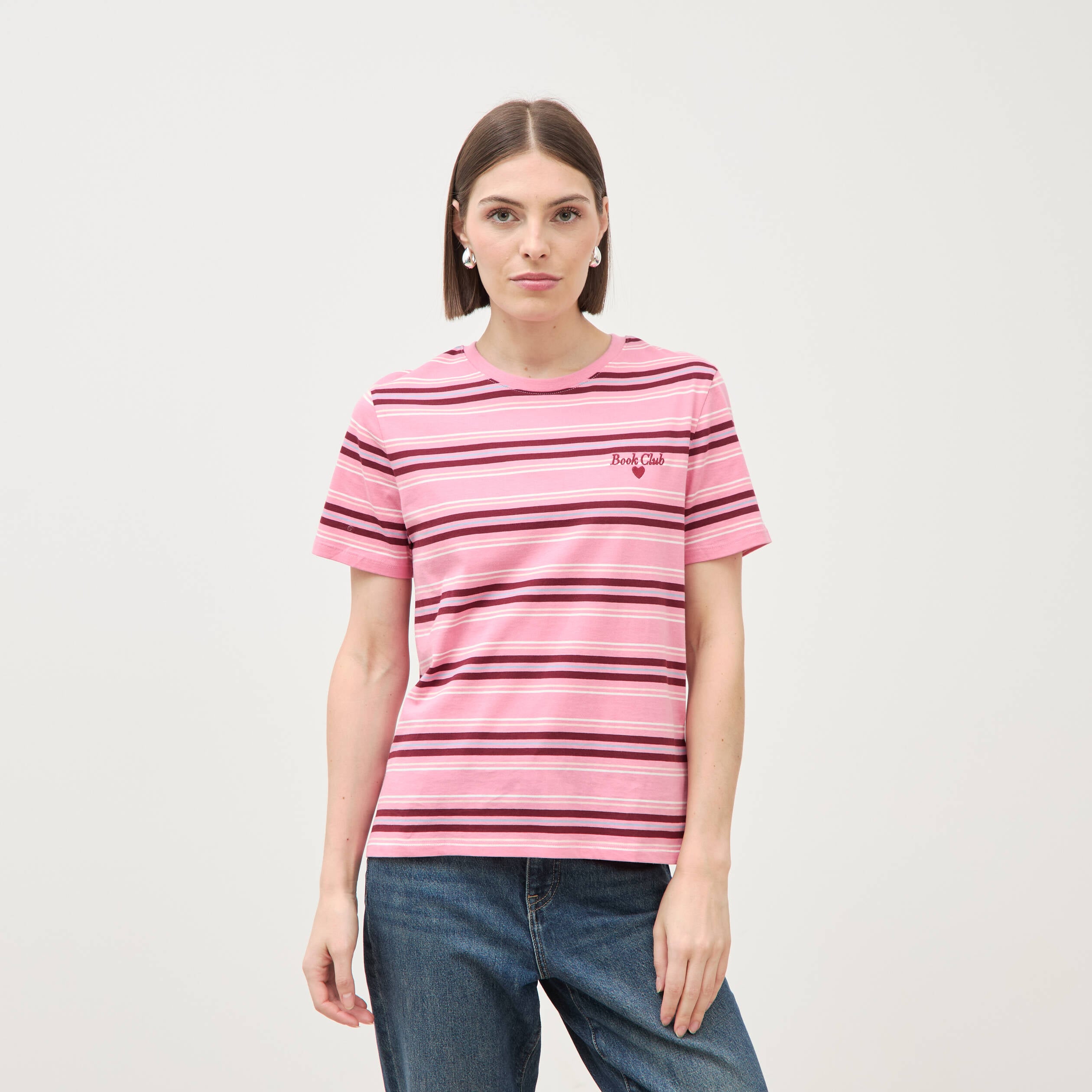 T-shirt ray&eacute; col rond manches courtes vieux rose femme
