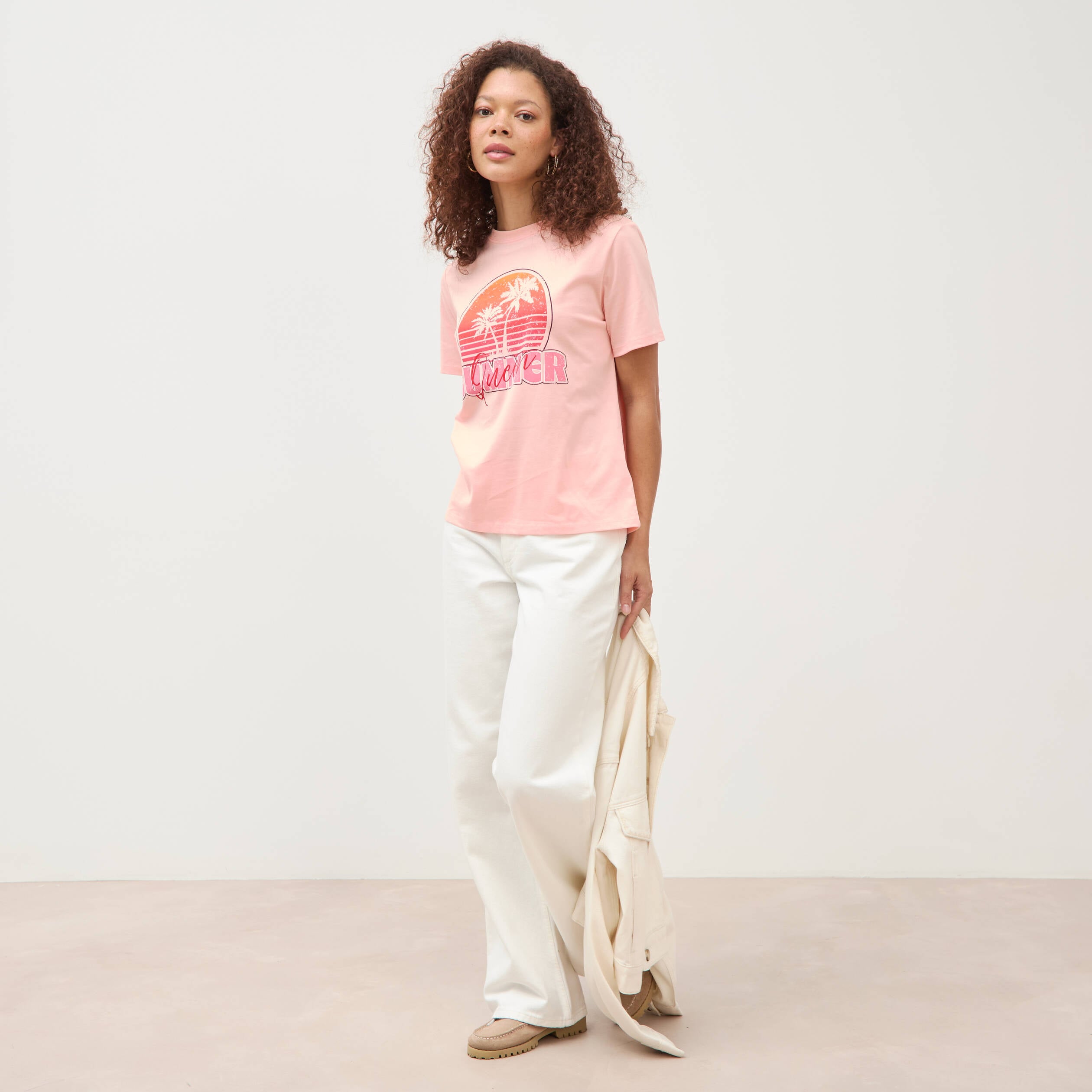 T-shirt droit col rond manches courtes rose saumon femme