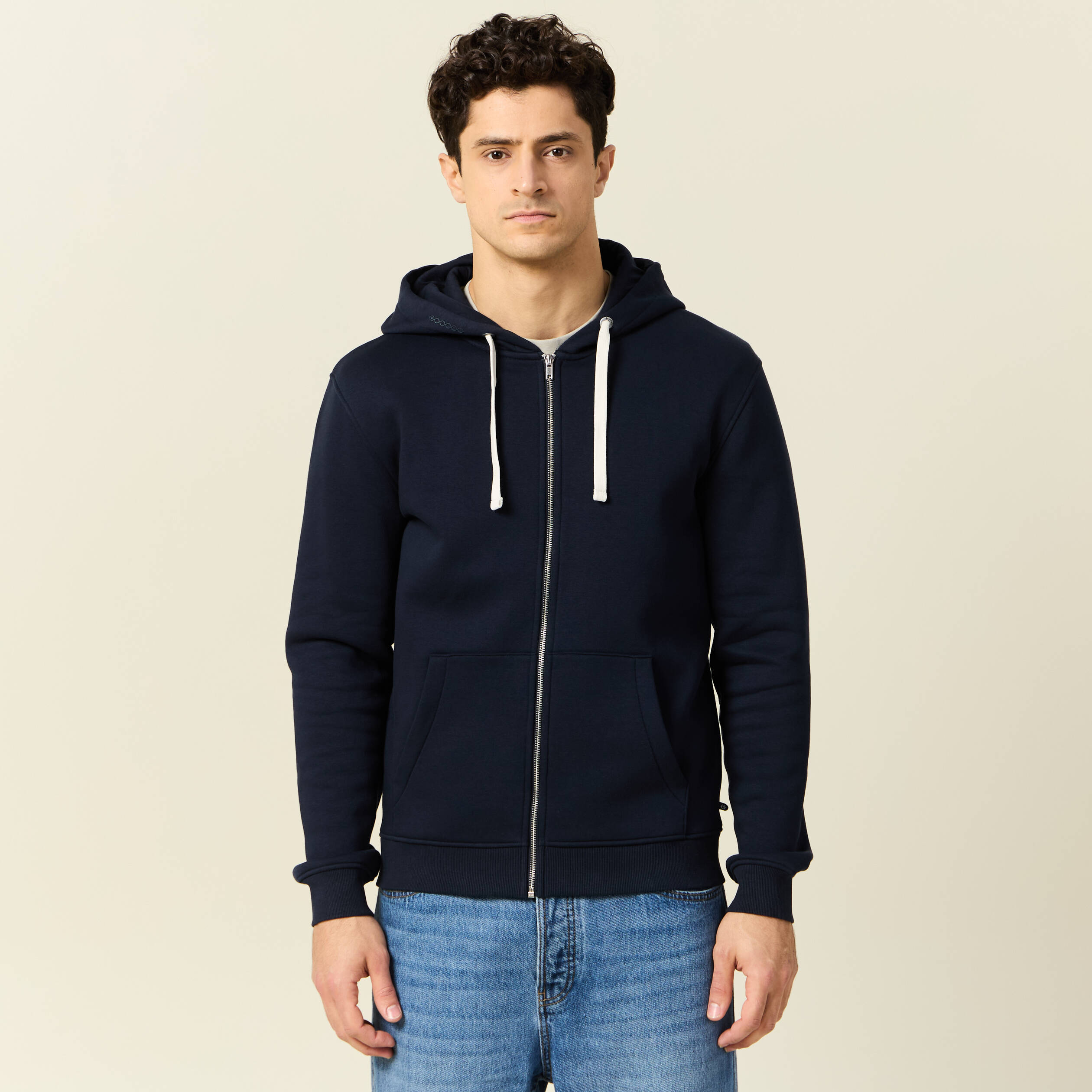 Sweat &agrave; capuche manches longues bleu marine homme