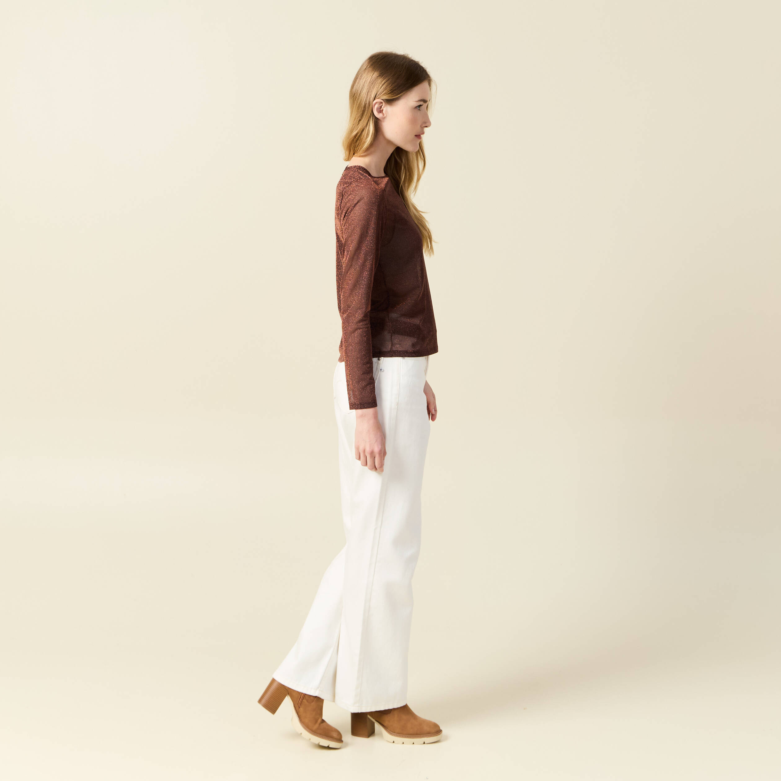 T-shirt manches longues marron cognac femme