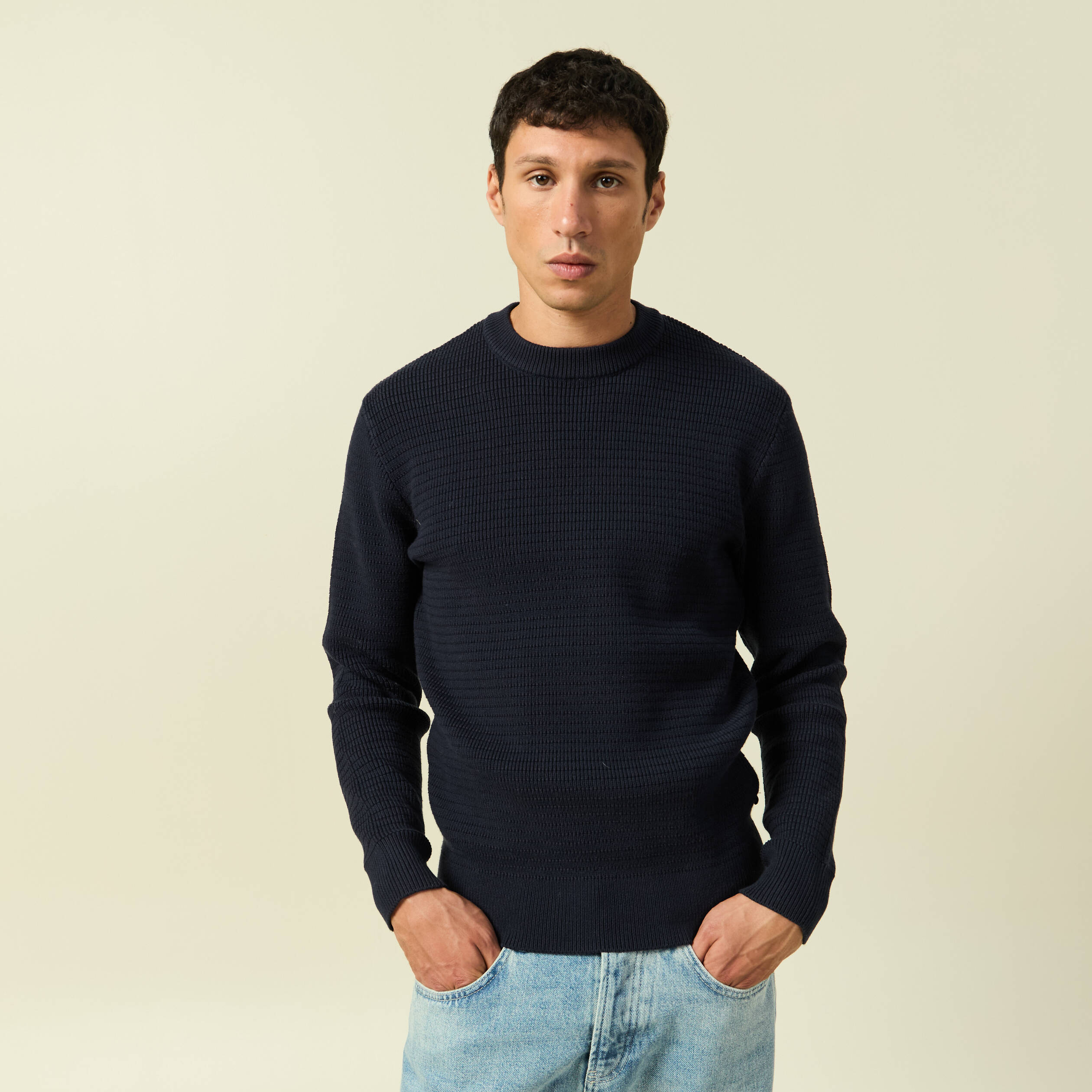 Pull col rond manches longues bleu marine homme