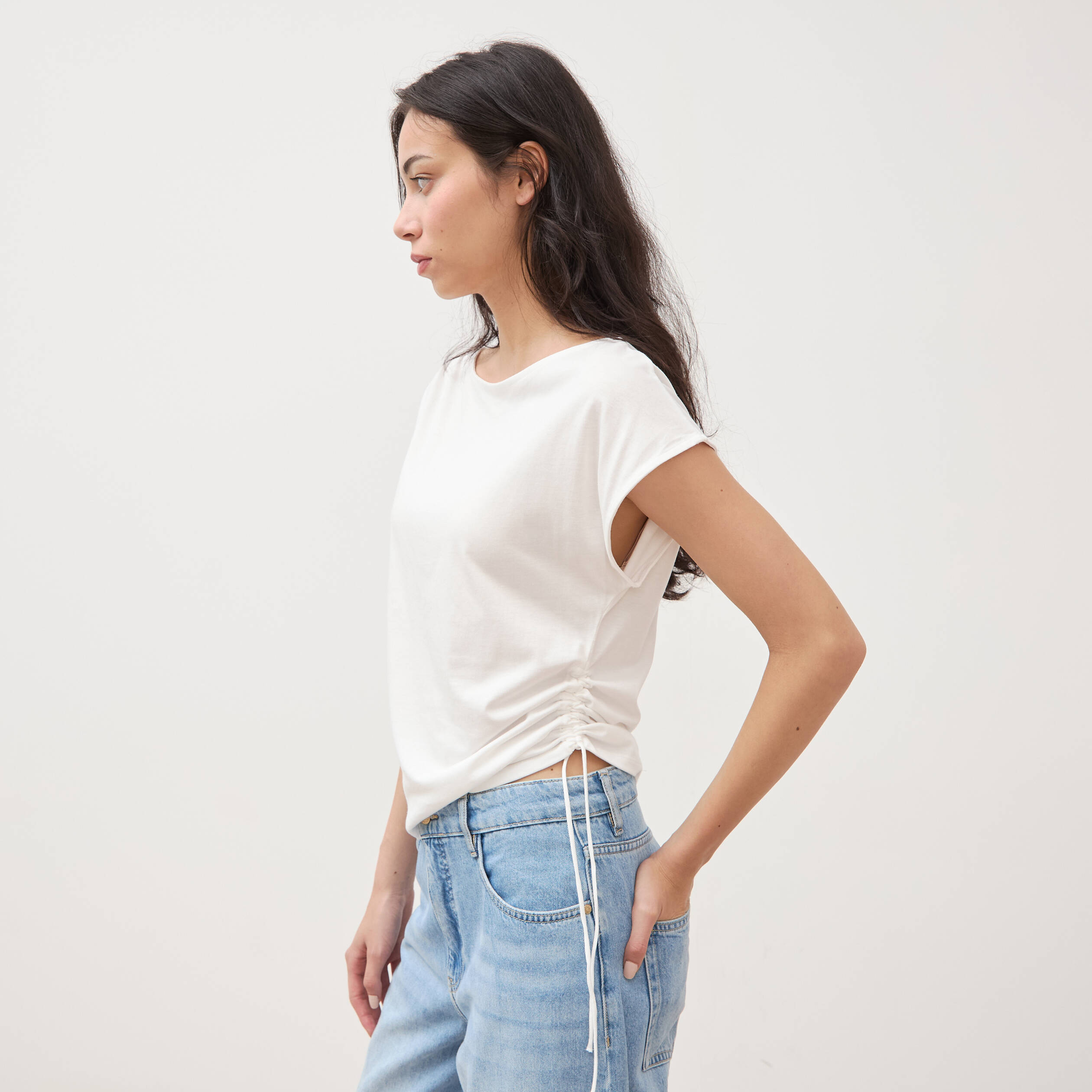 T-shirt col bateau manches courtes ecru femme