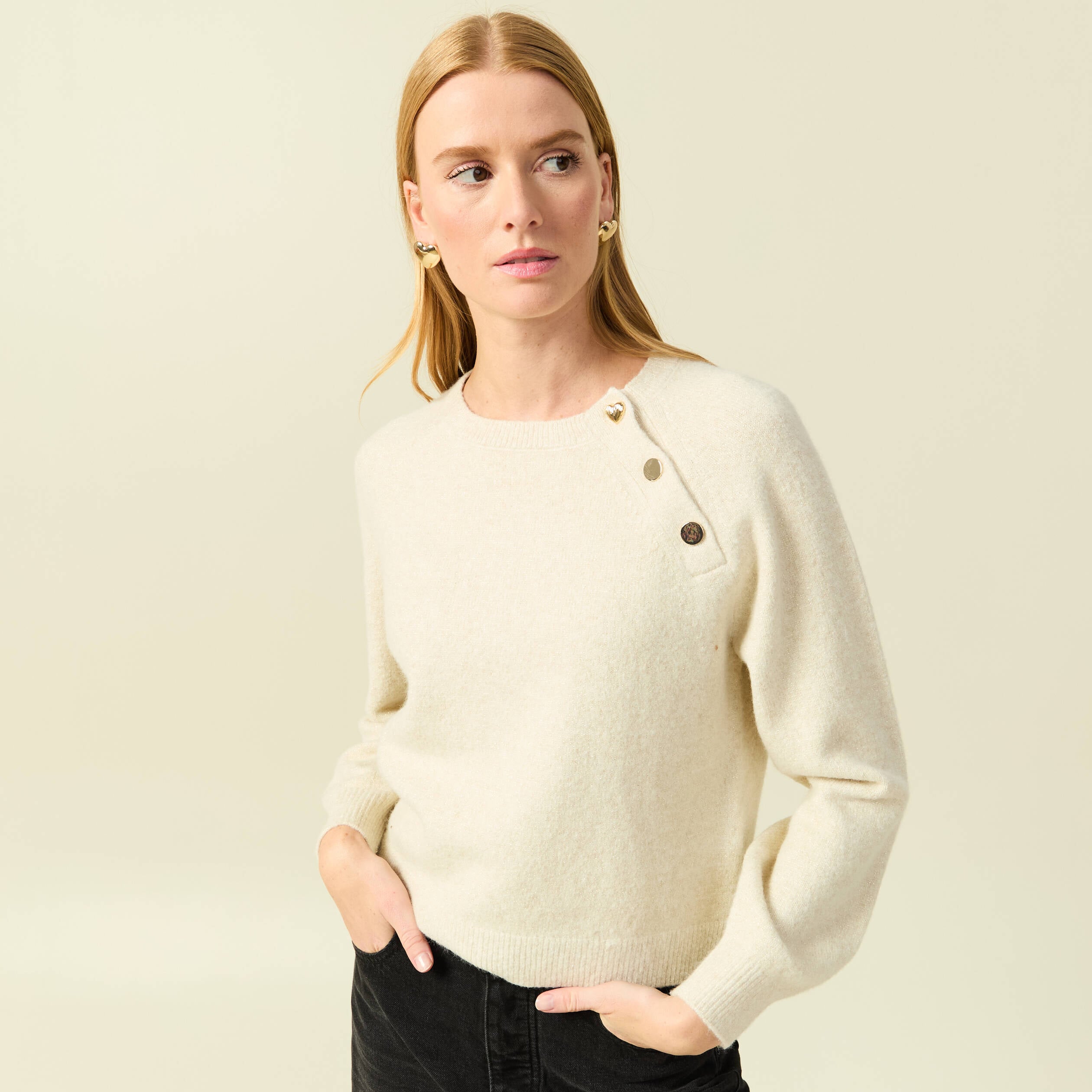 Pull manches longues col rond jaune femme