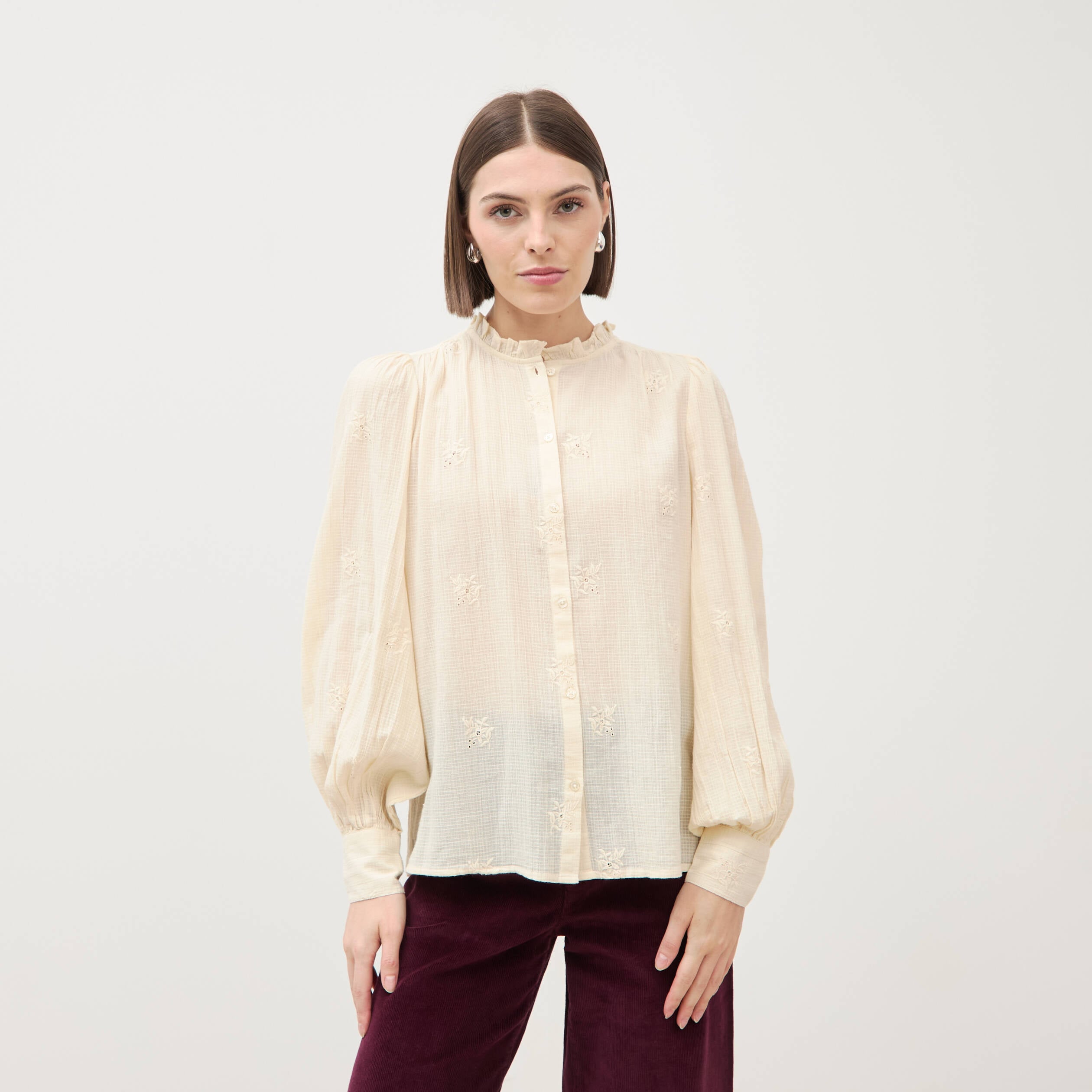 Chemise manches longues en coton creme femme