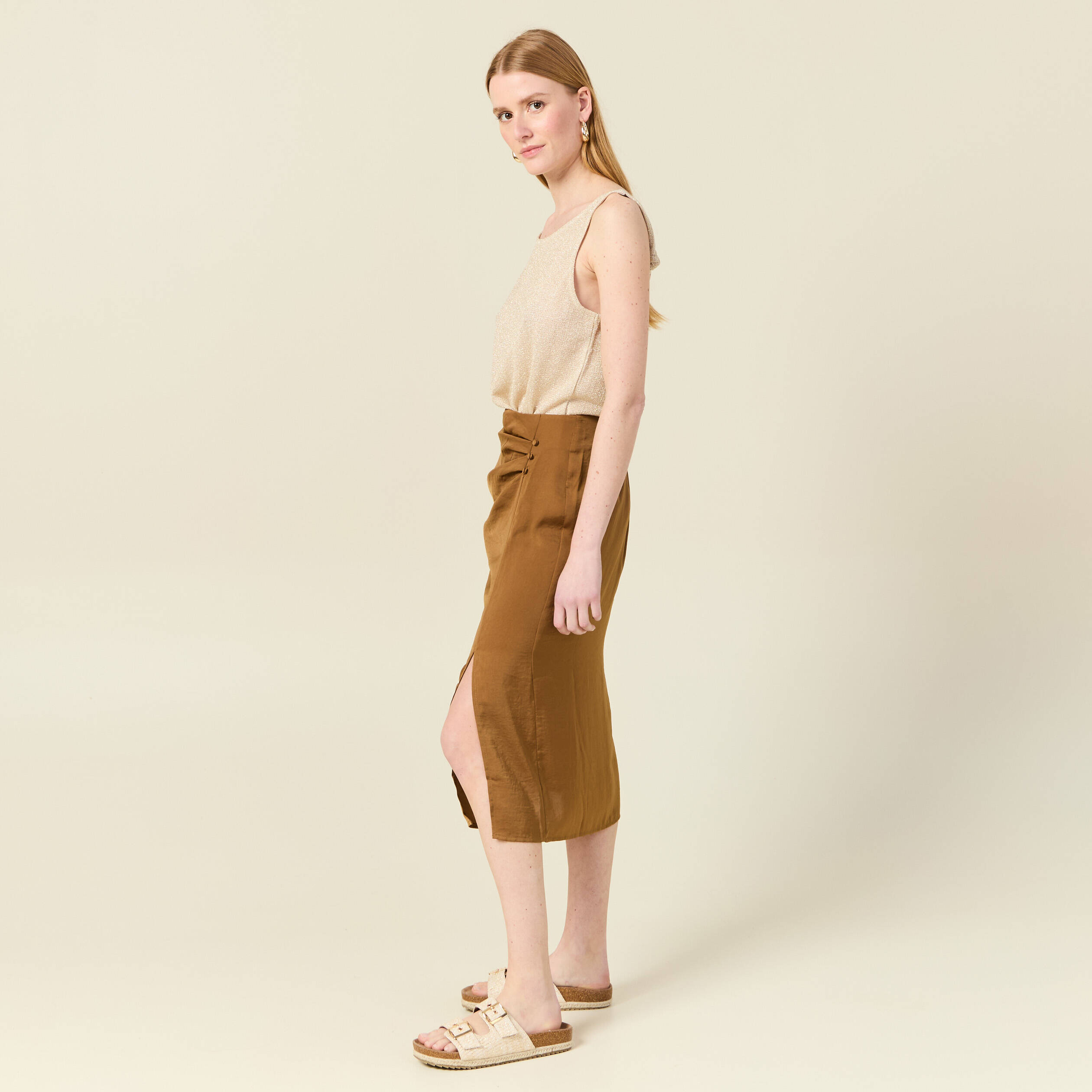 Jupe midi droite fendue marron femme Bonobo