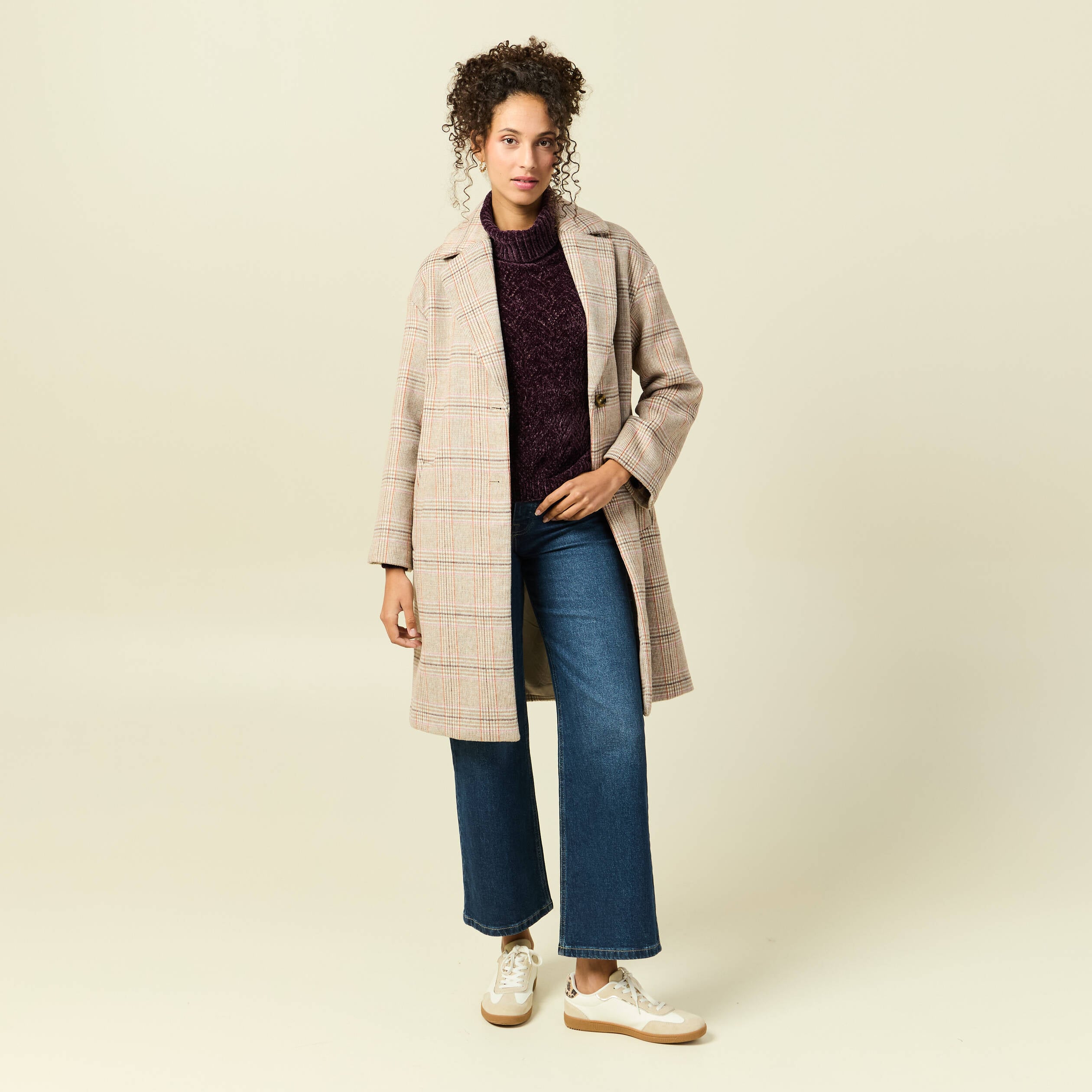 Pull col roul&eacute; manches longues prune femme