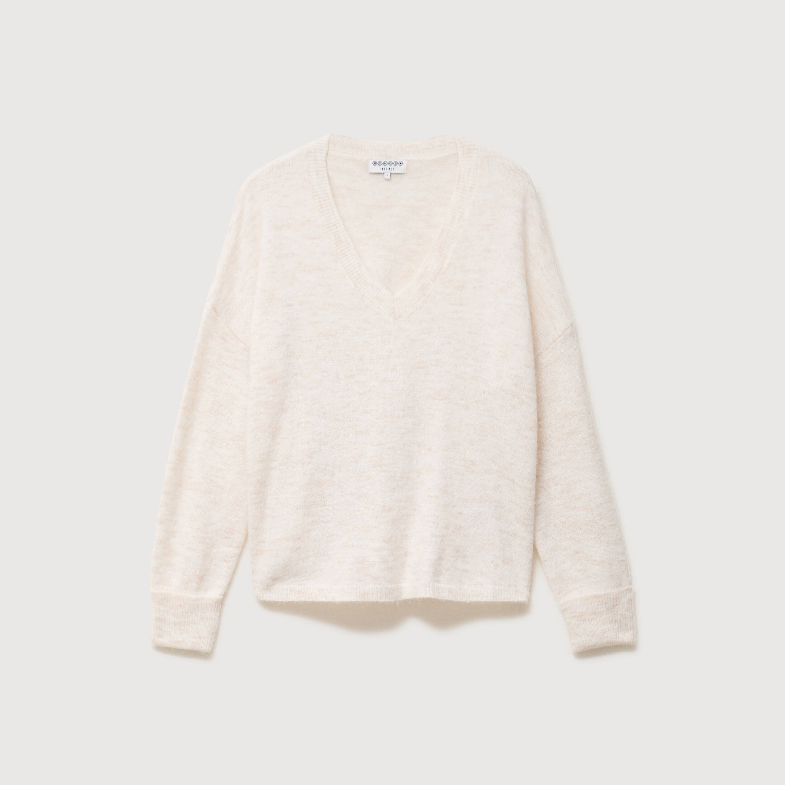 Pull droit col v manches longues creme femme