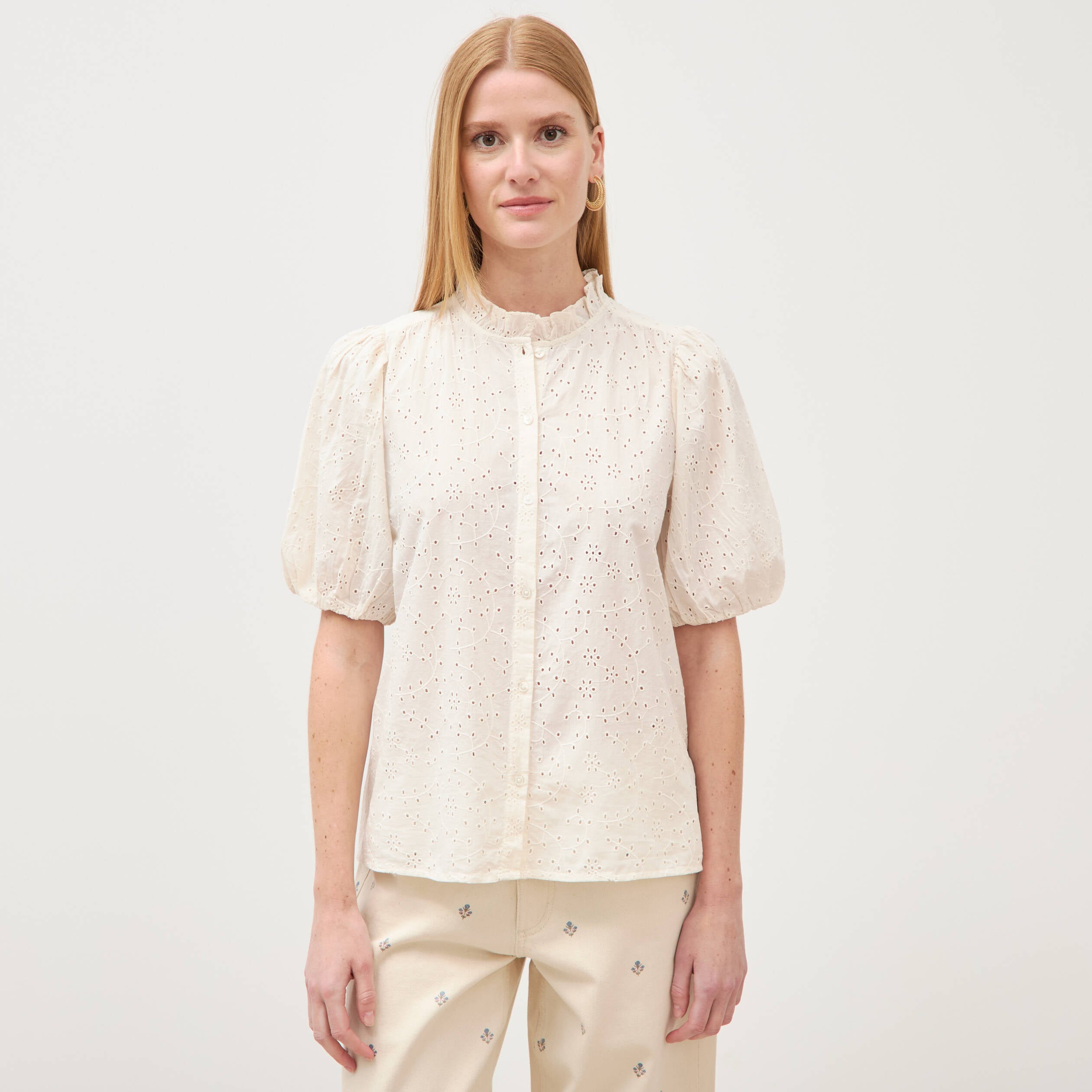 Chemise en coton manches coude creme femme