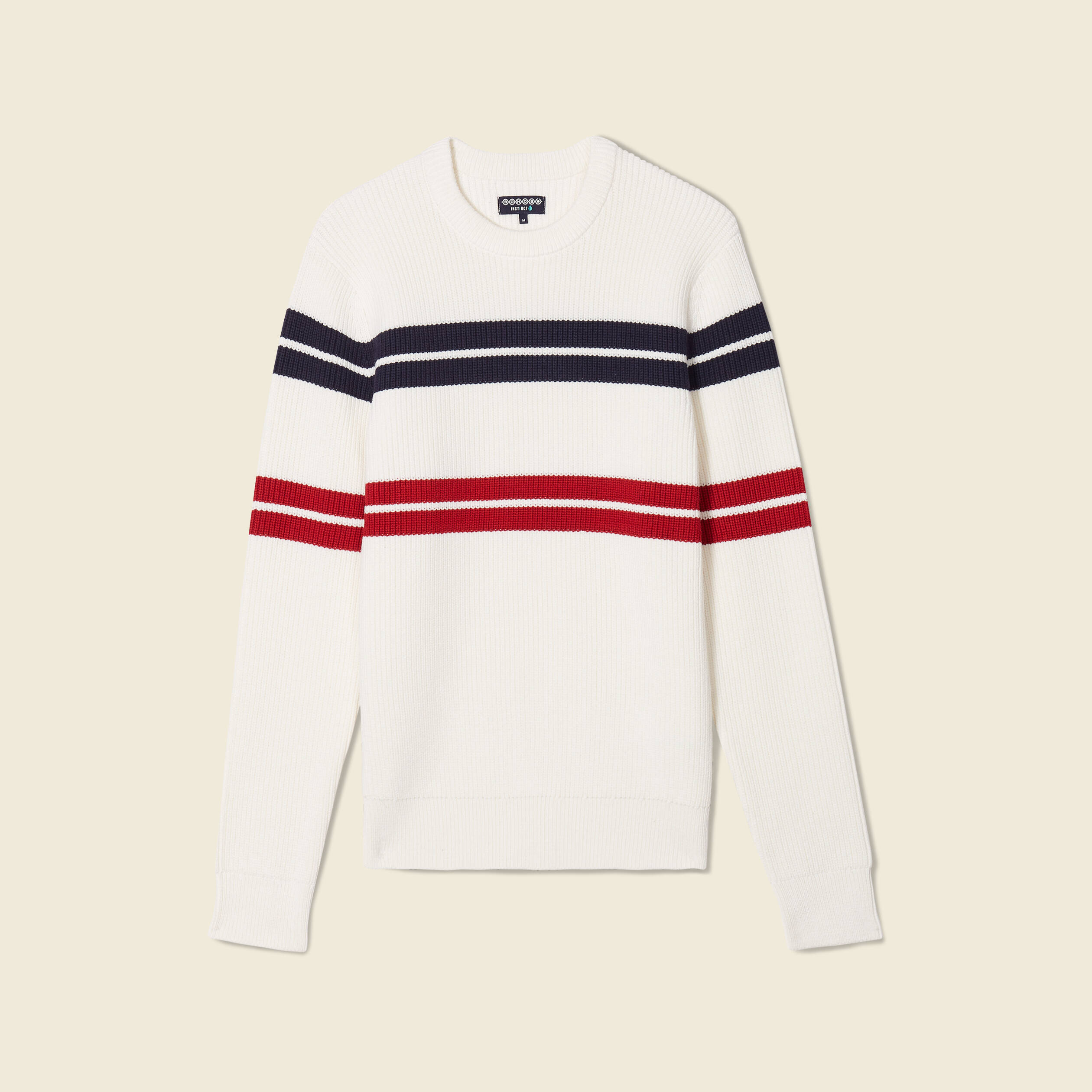 Pull fin ray&eacute; col rond manches longues ecru homme