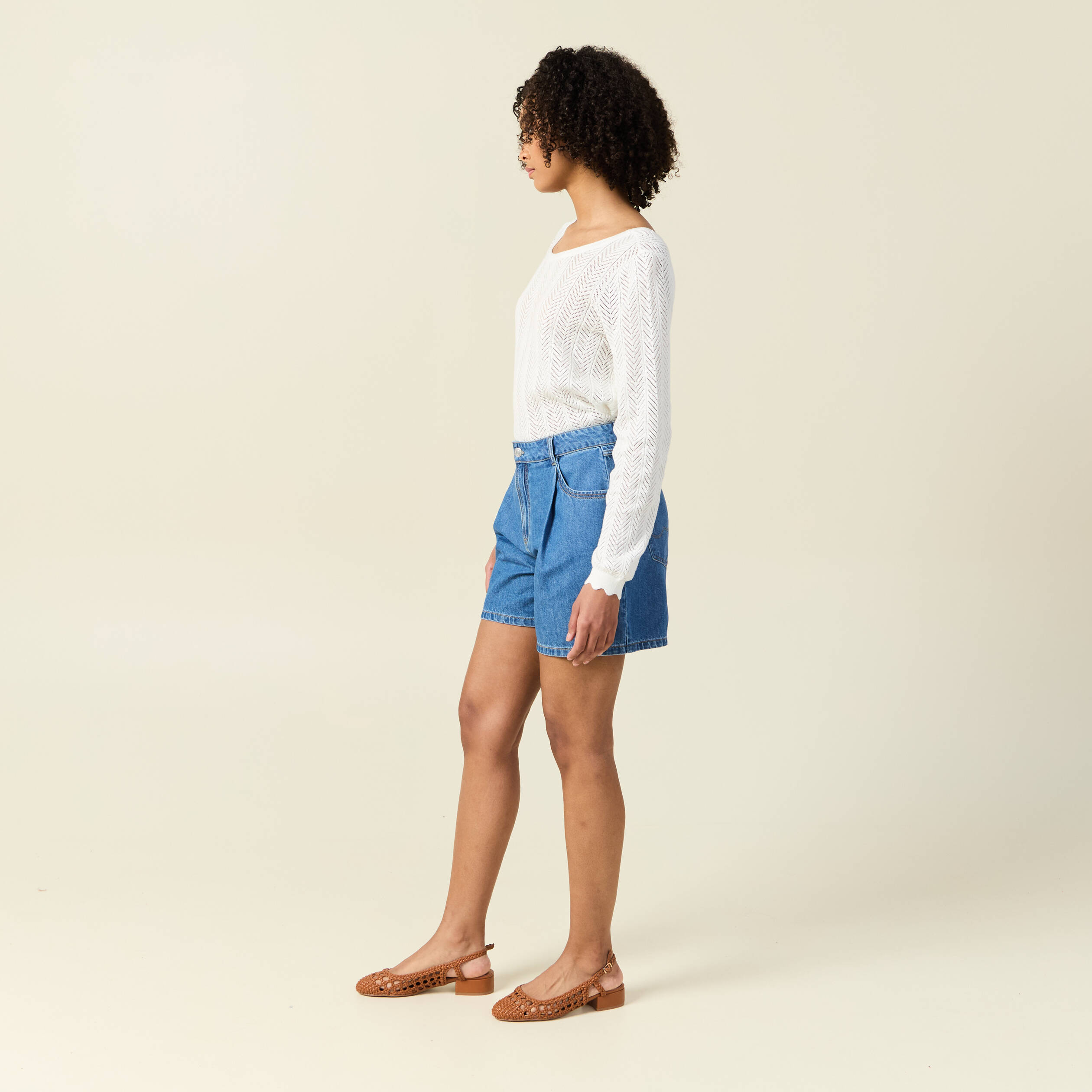 short droit en jean a pinces denim baby bleu femme Short droit en jean à pinces denim baby bleu femme