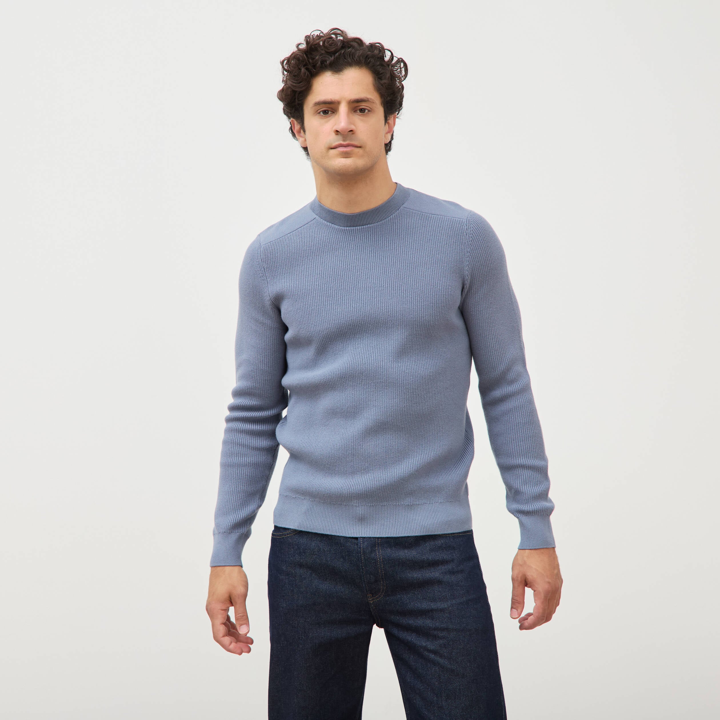 Pull manches longues col rond bleu gris homme