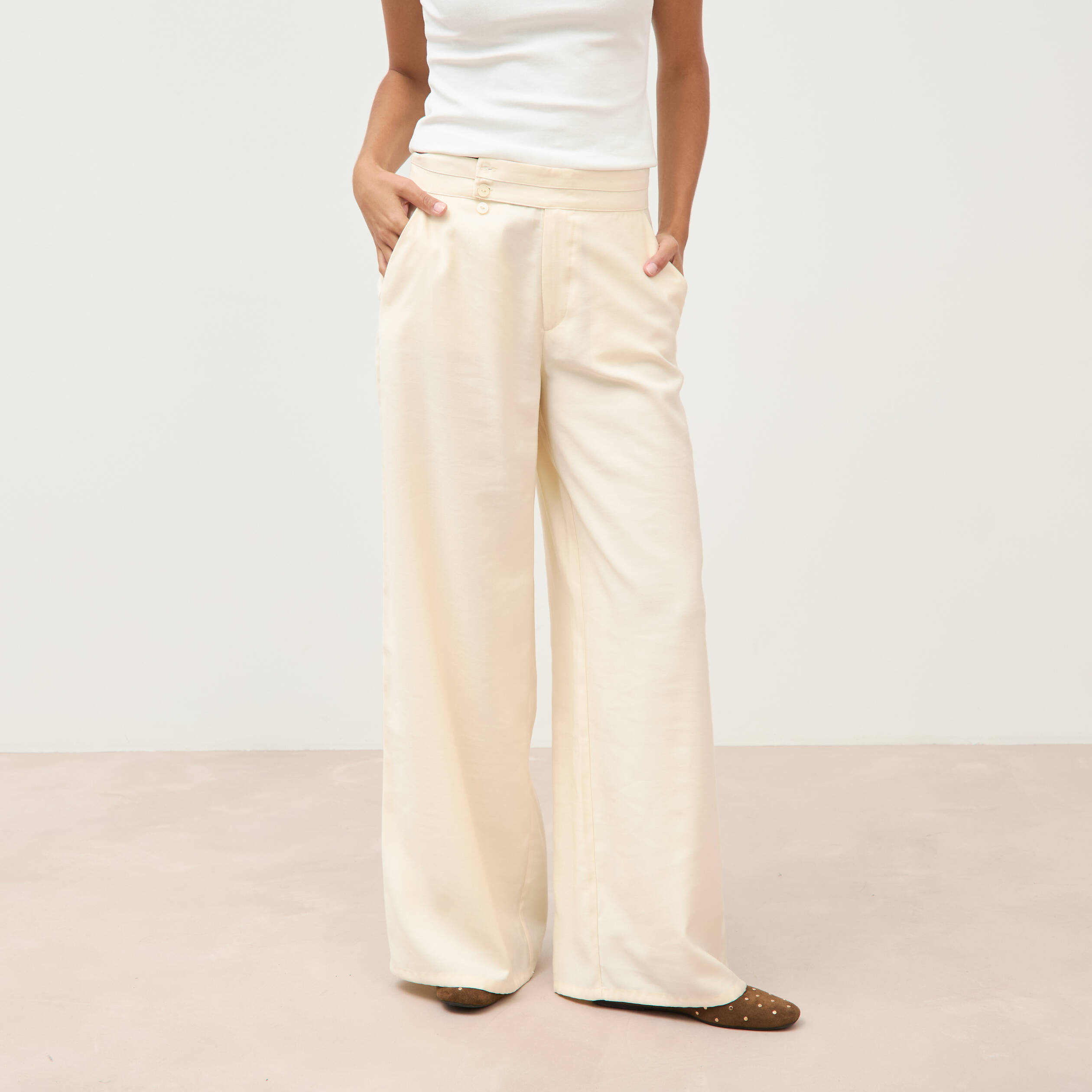 Pantalon large taille haute ceinture ivoire femme