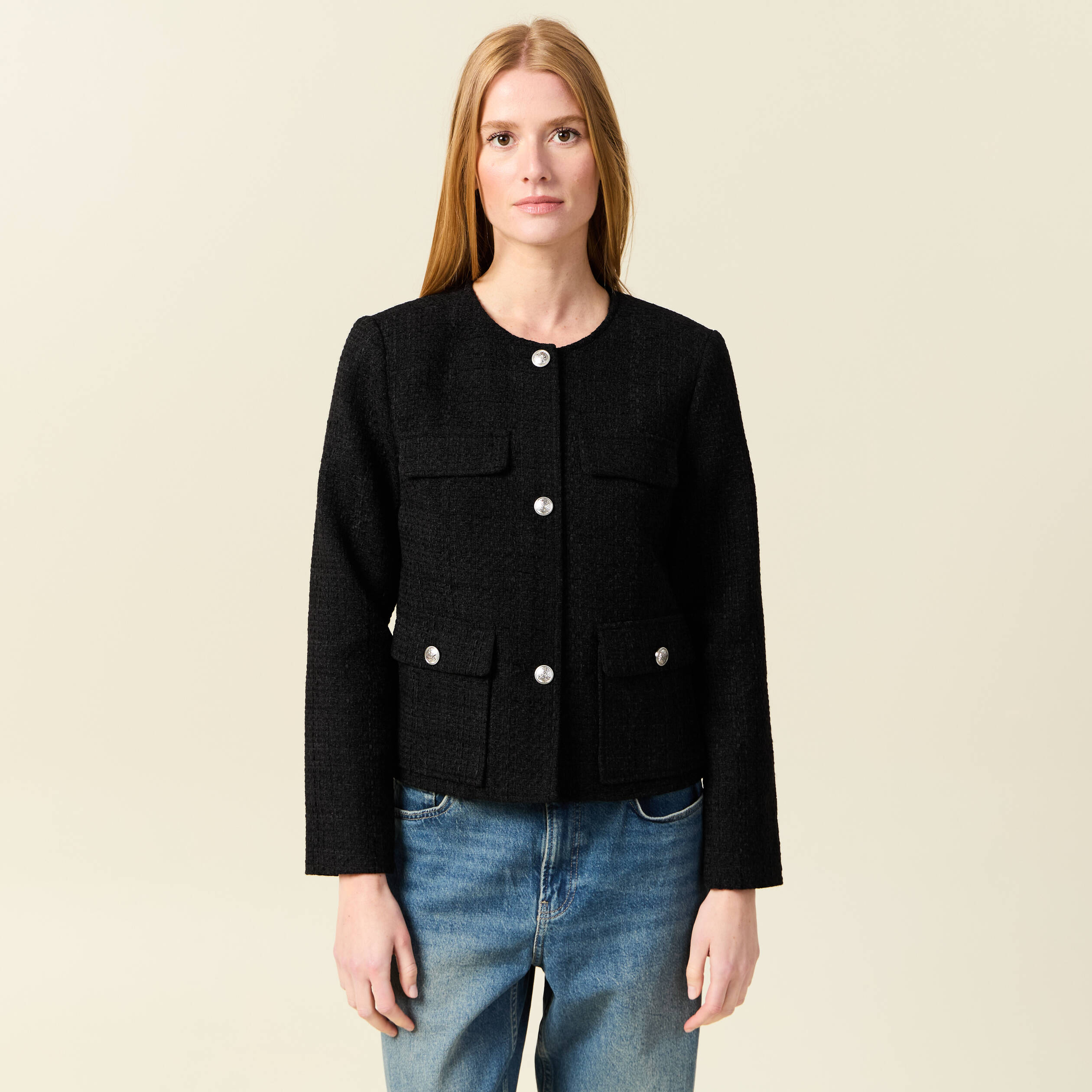 Veste manches longues en tweed noir femme
