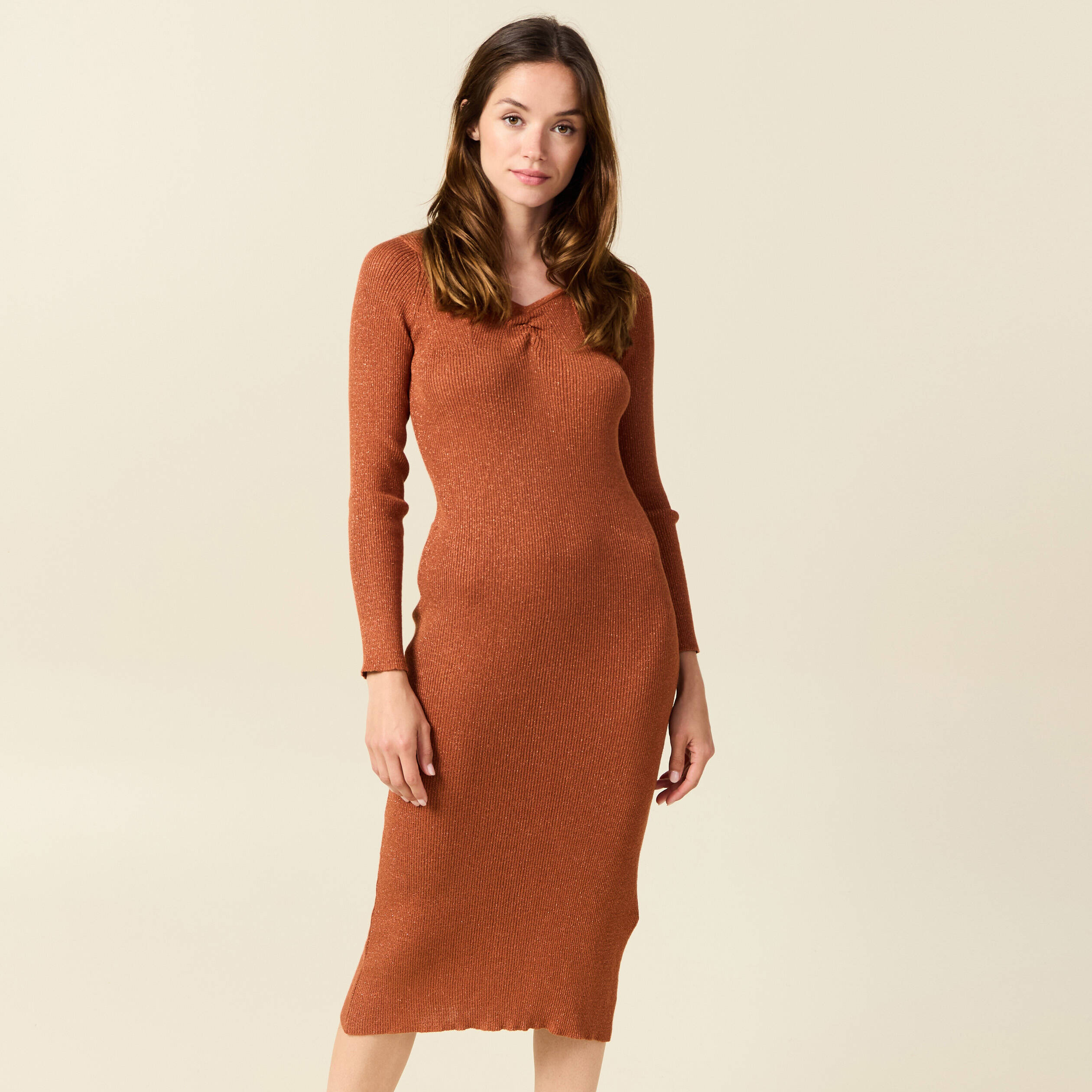 Robe pull midi ajustée orange foncé femme