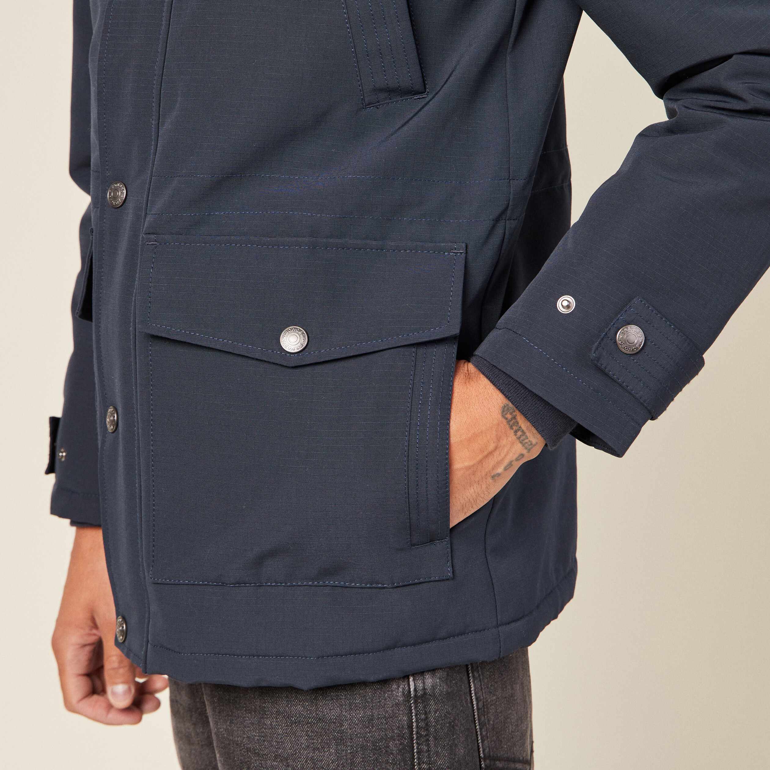Parka droite à capuche bleu marine homme