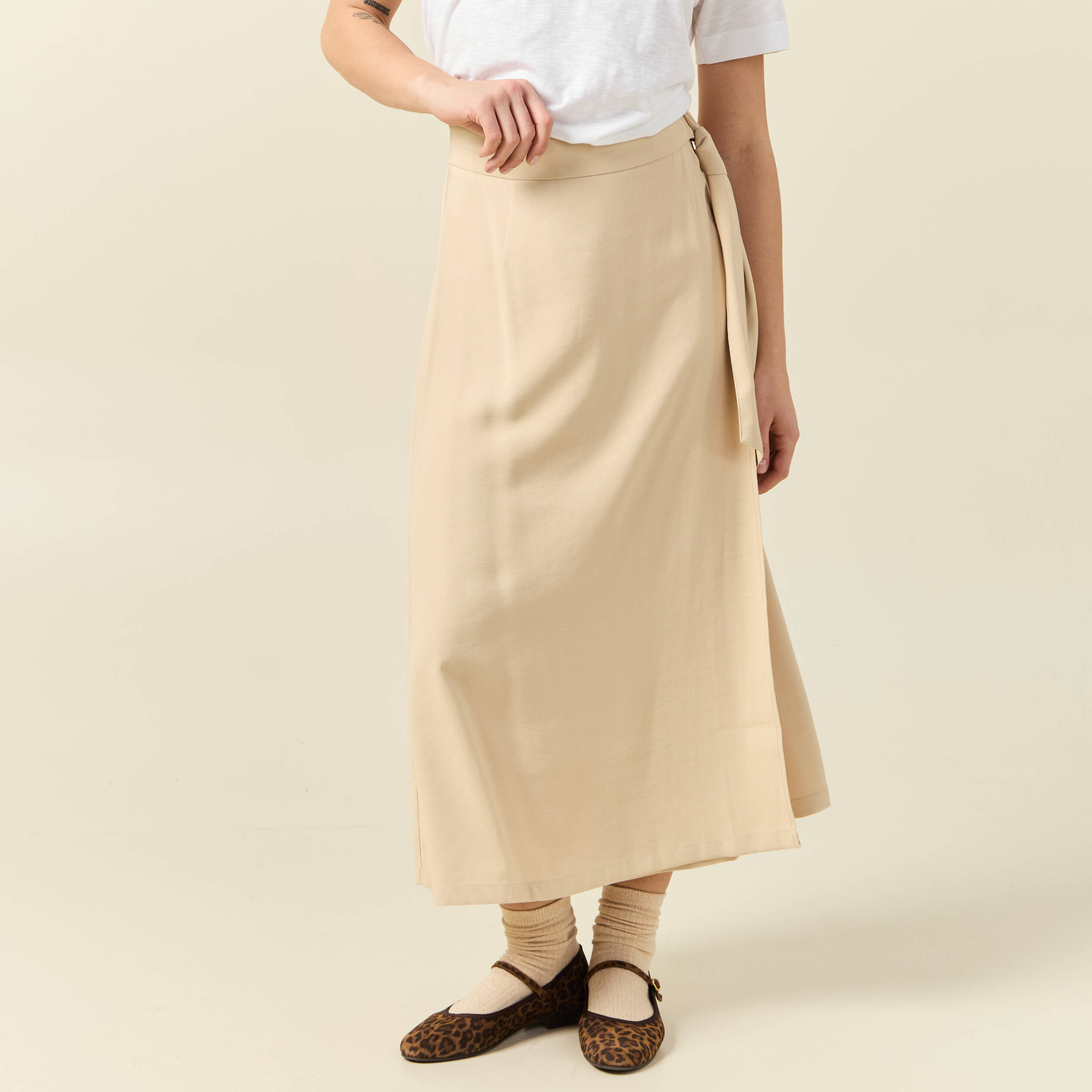 Jupe longue portefeuille beige femme