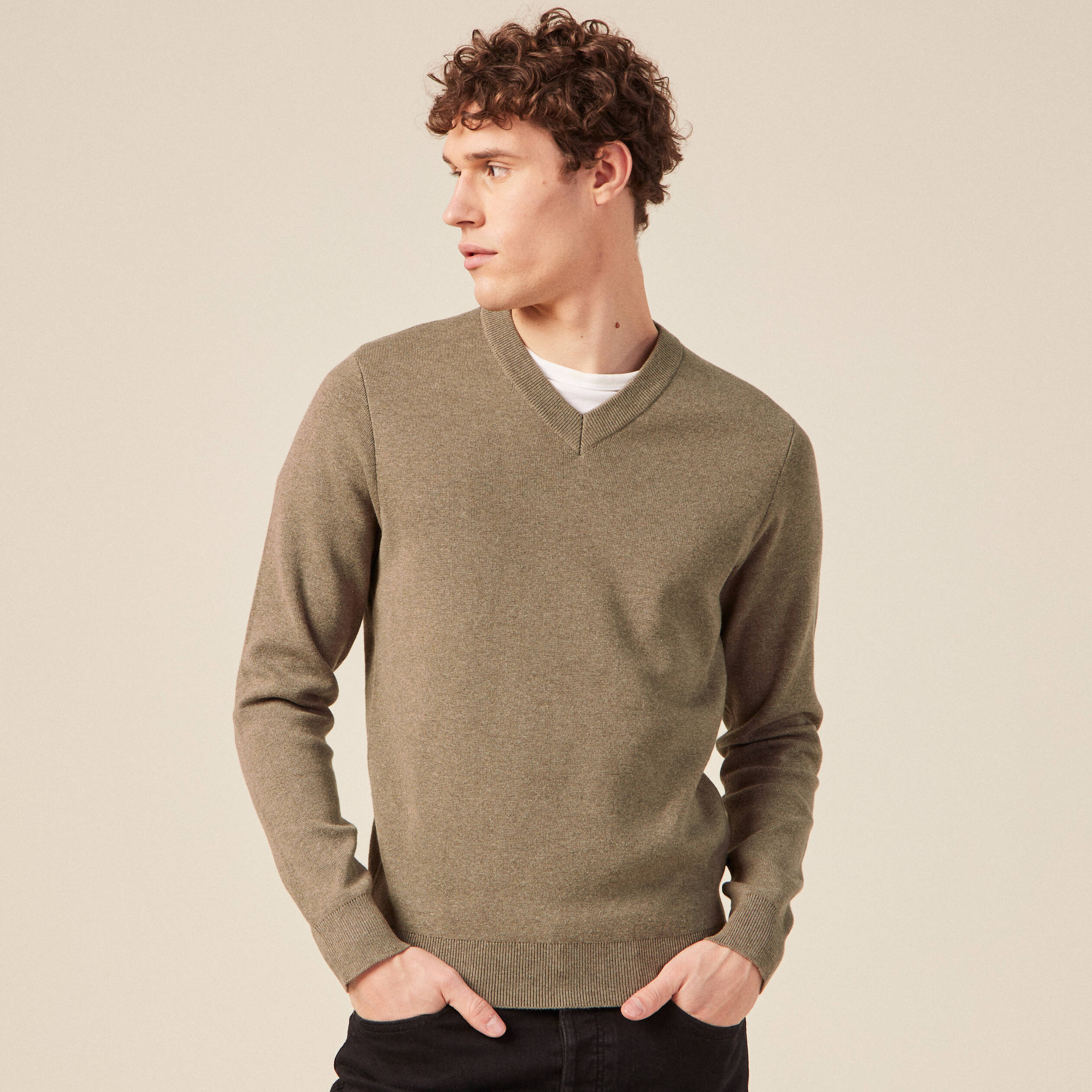 Pull col en V eco responsable taupe homme Bonobo