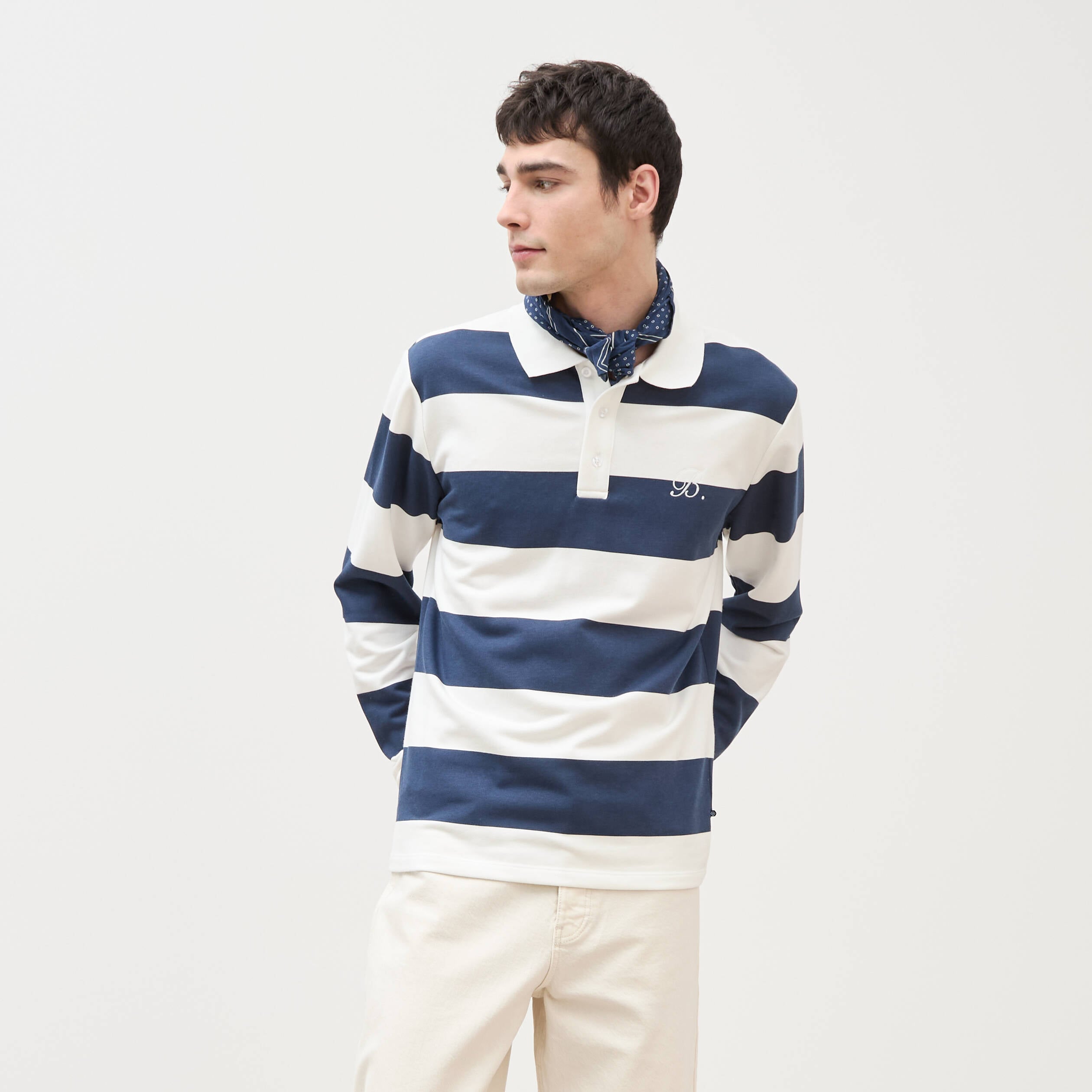 Sweat col polo manches longues bleu marine homme