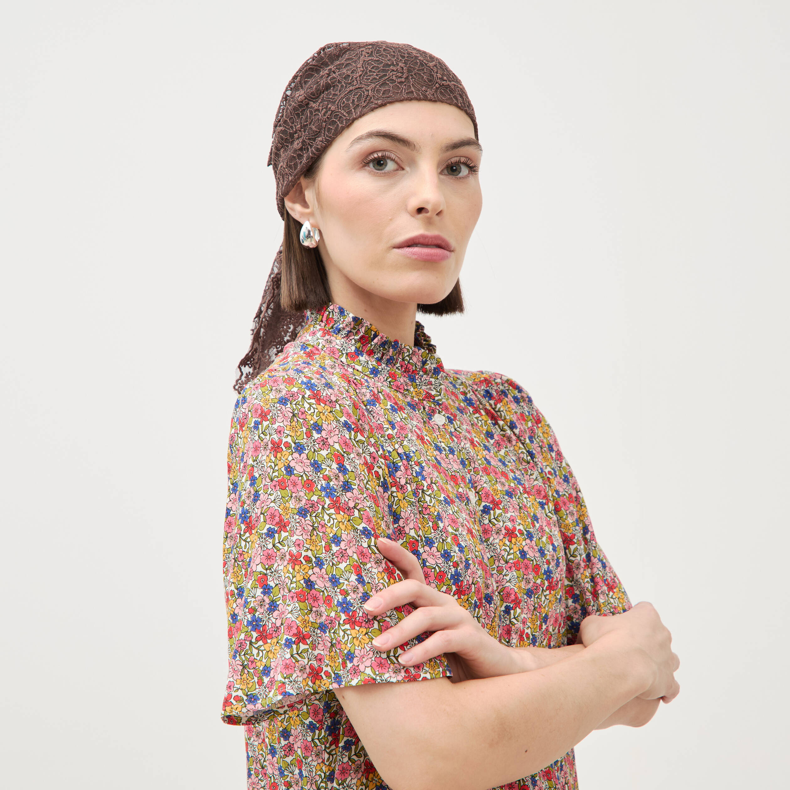 Robe manches courtes col montant multicolore femme