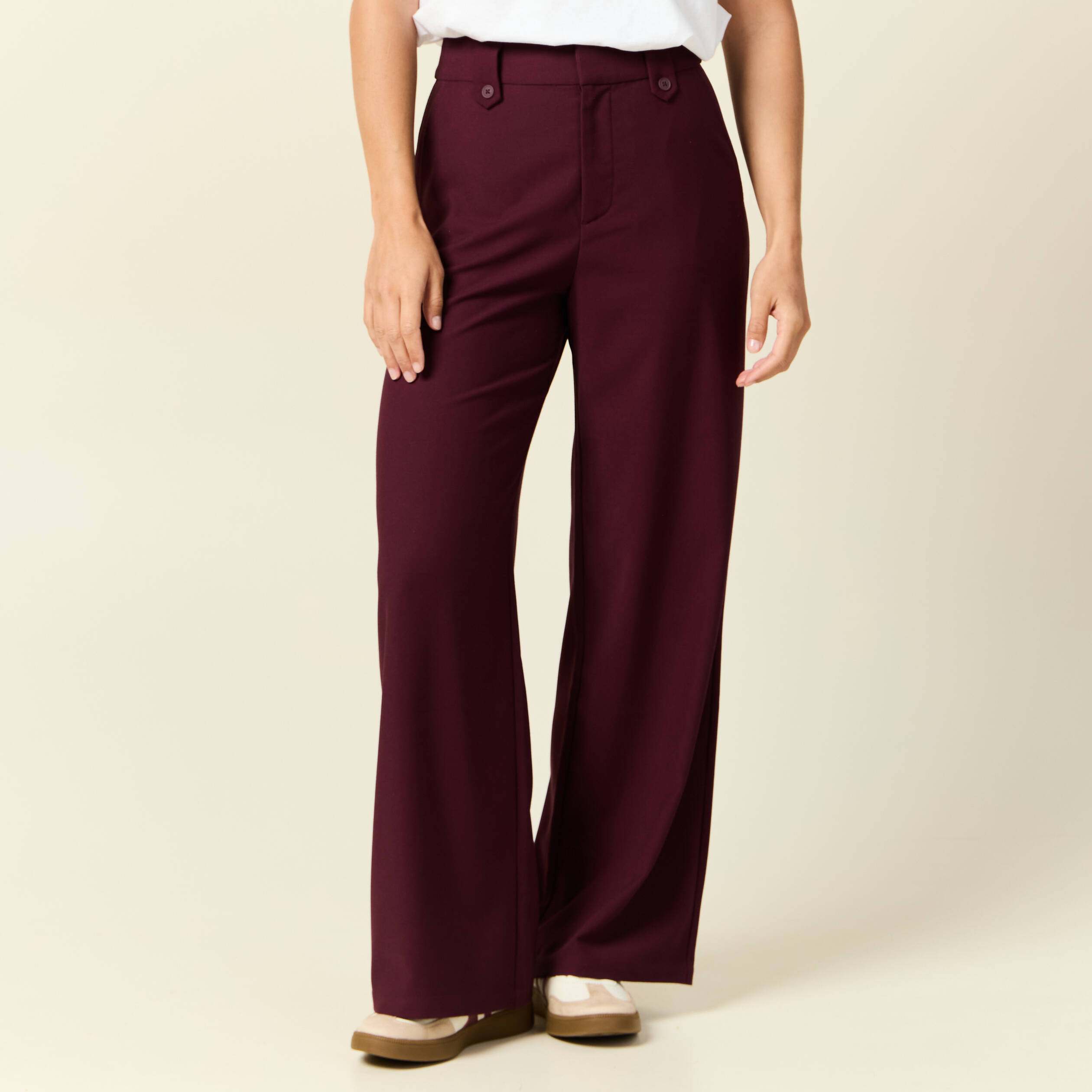 Pantalon large taille haute prune femme