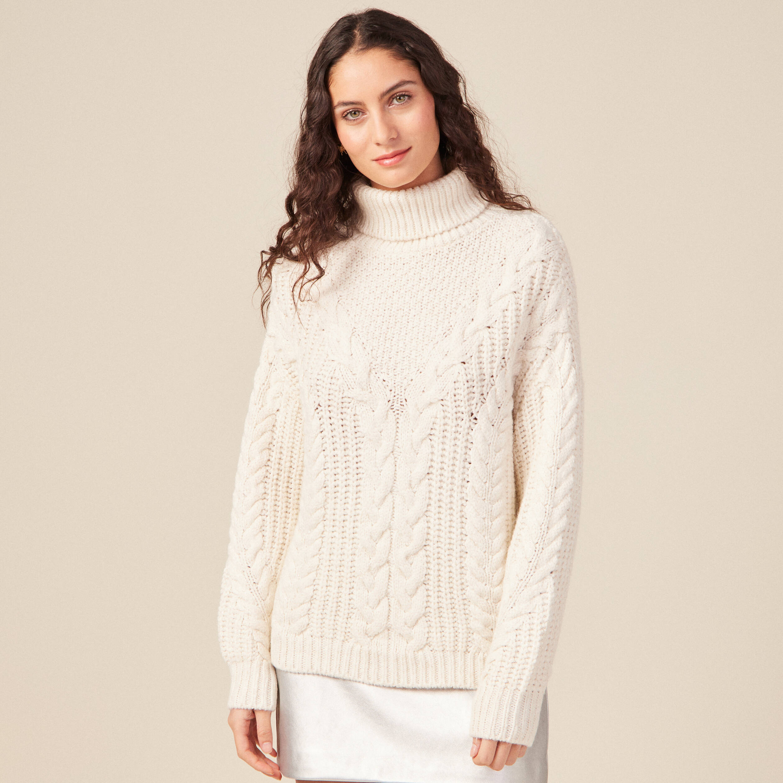 Pull manches longues col roulé ecru femme