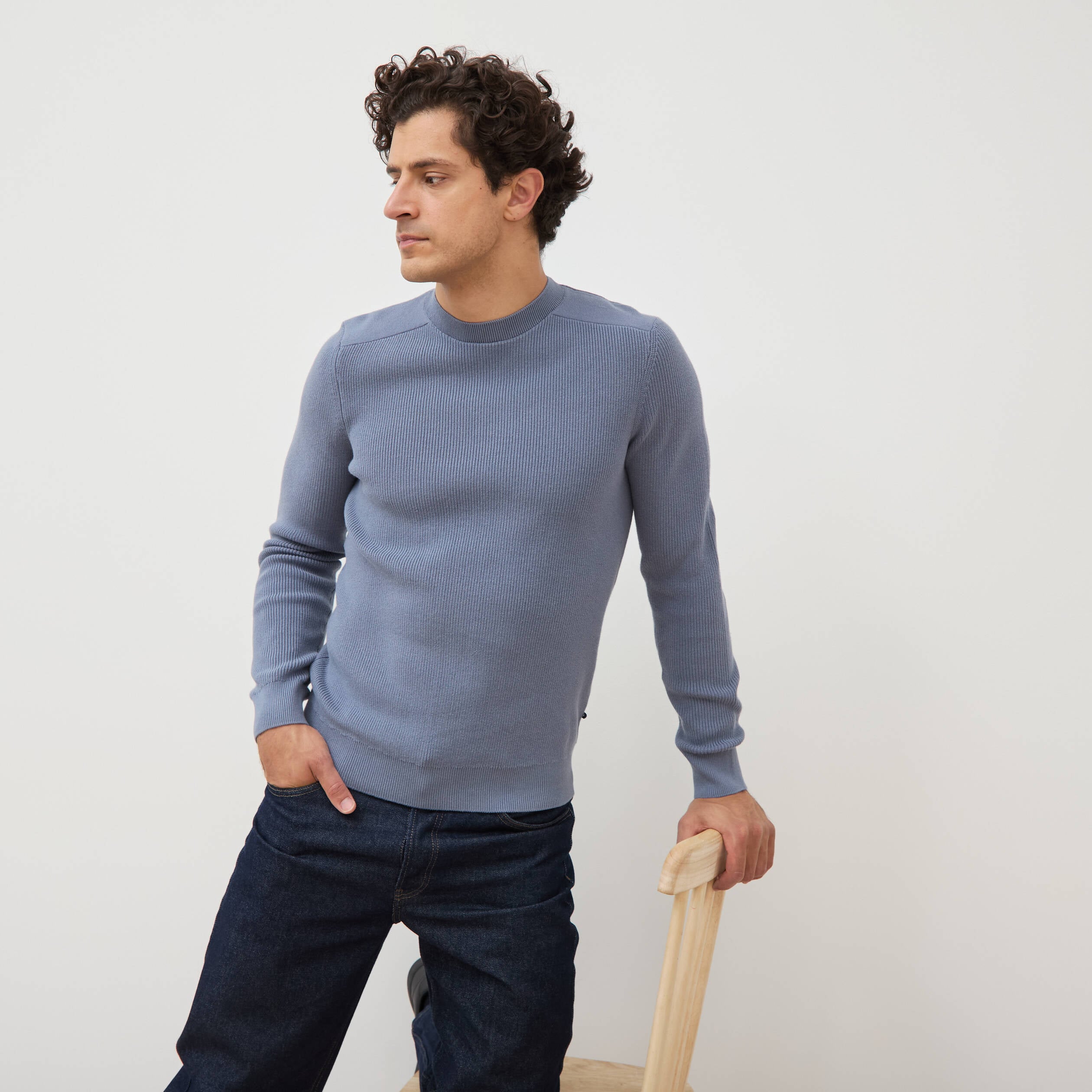 Pull manches longues col rond bleu gris homme