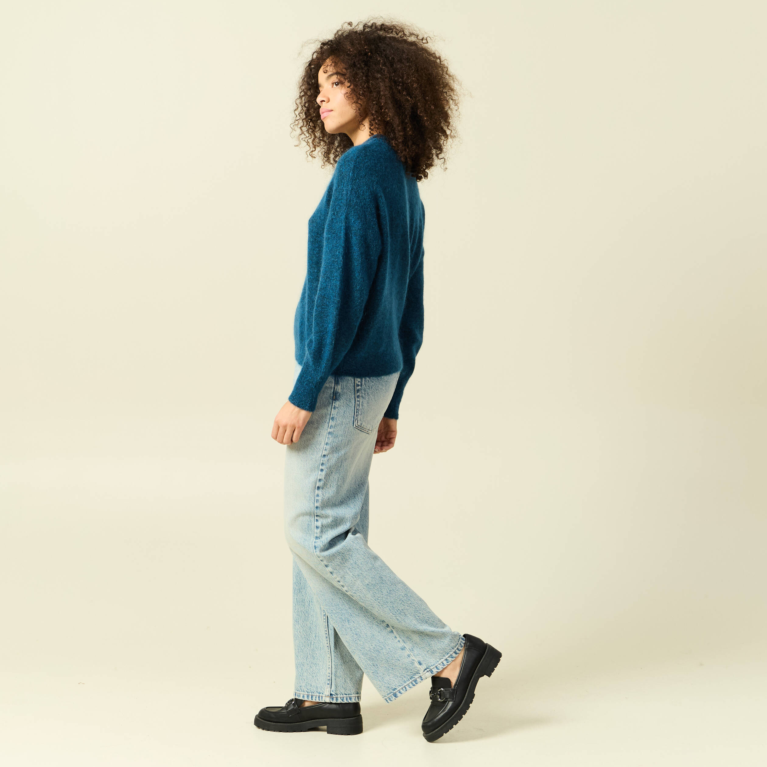 Pull col rond manches longues bleu canard femme