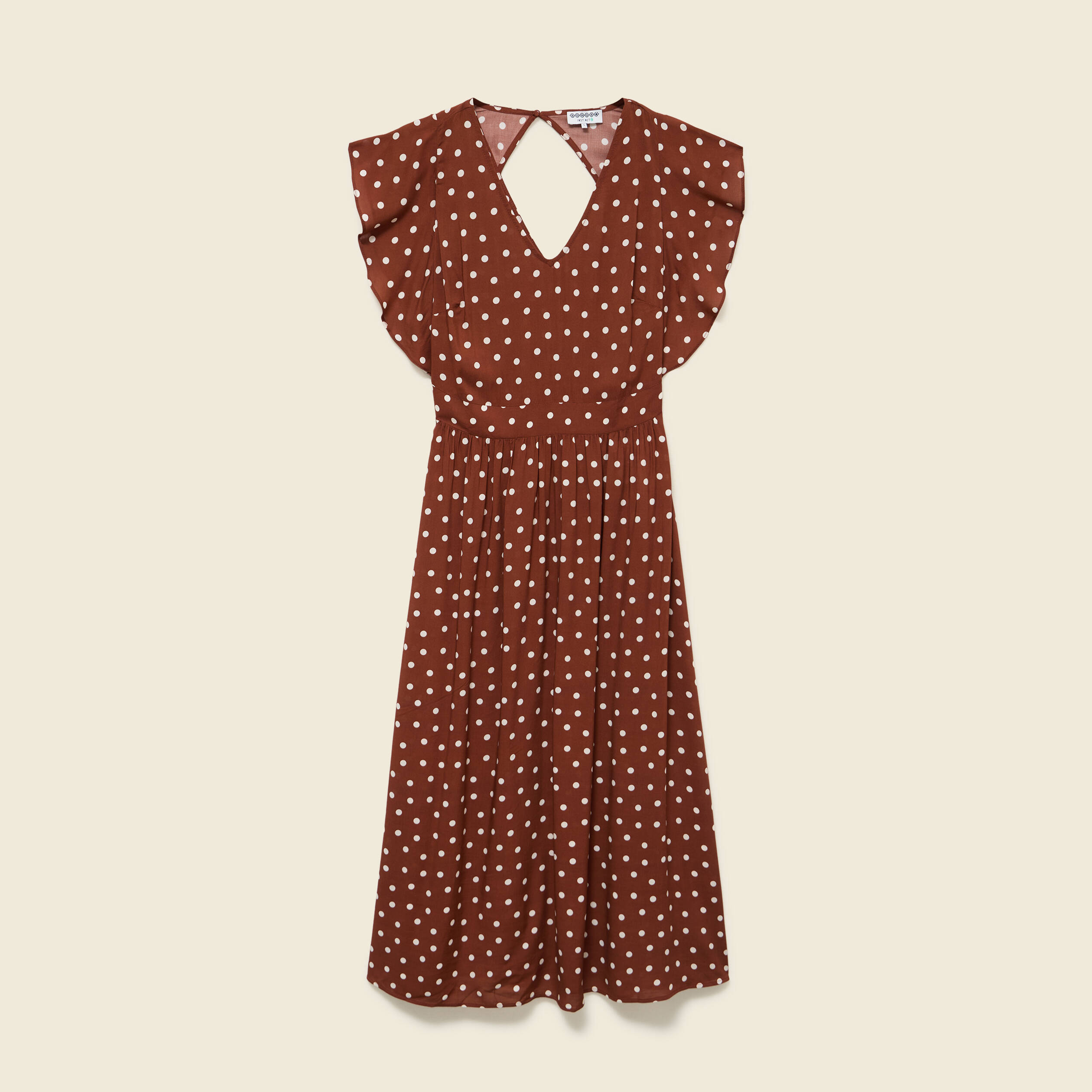 Robe longue &eacute;vas&eacute;e col v manches courtes marron cognac femme