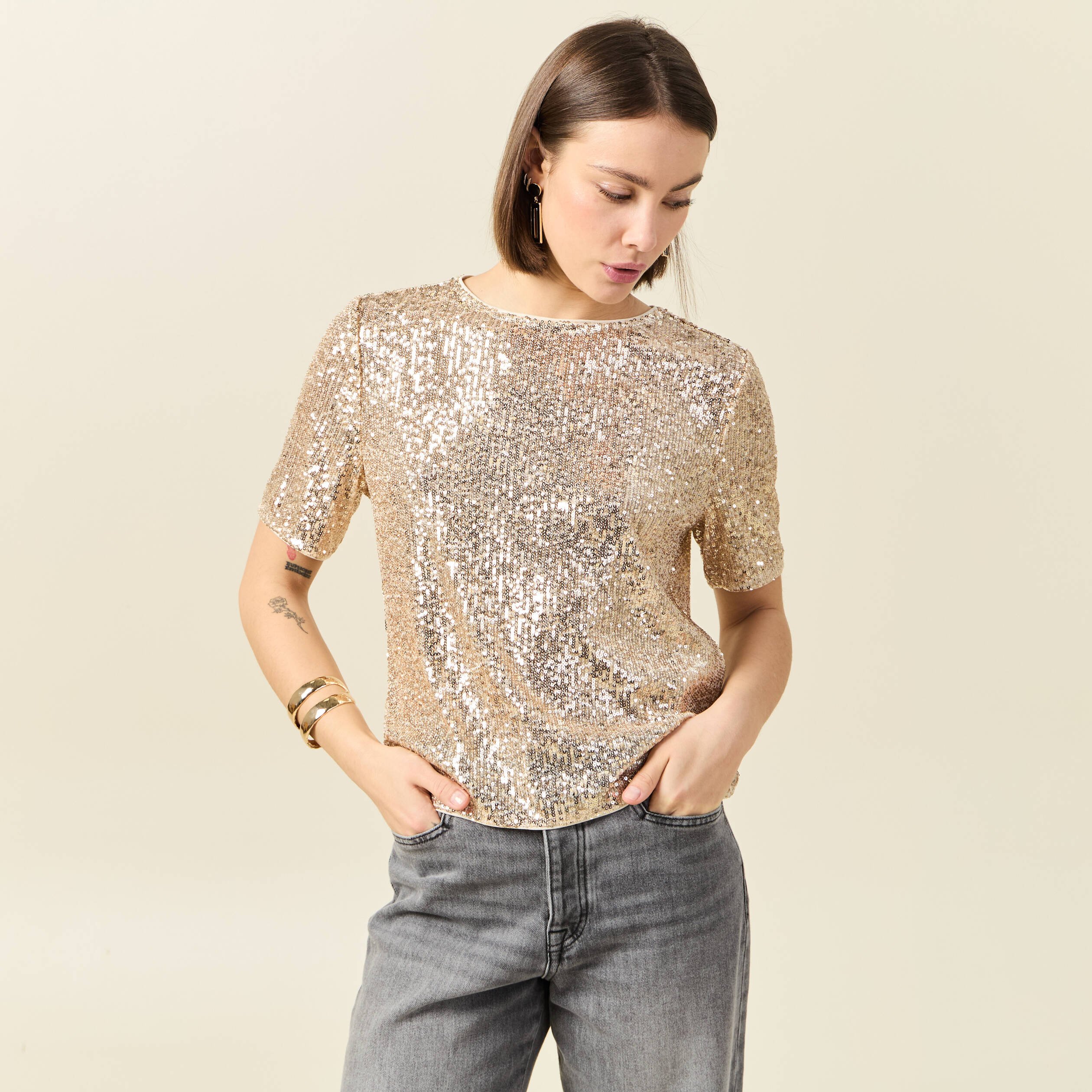 t shirt manches courtes creme femme T-shirt manches courtes creme femme