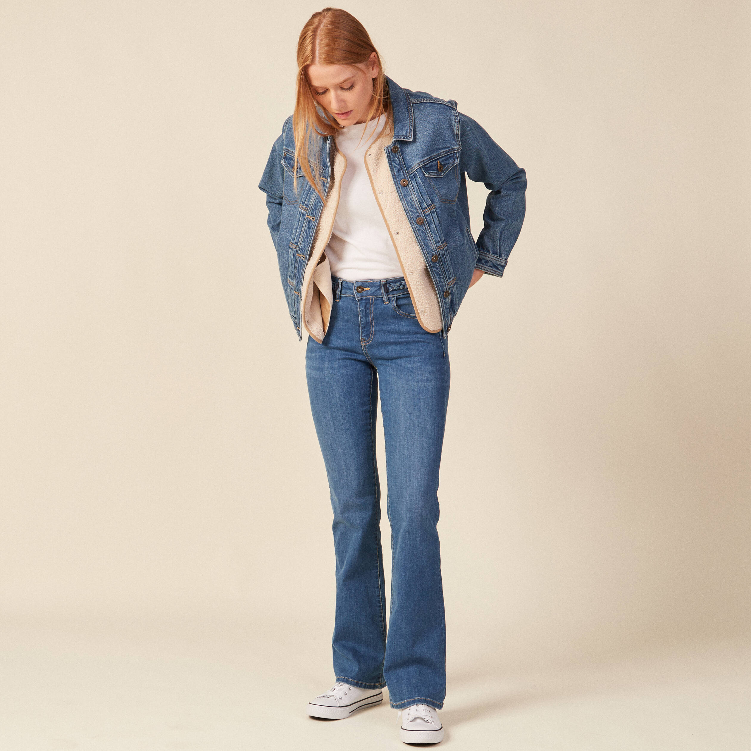 Jeans bootcut détails tressés denim stone femme