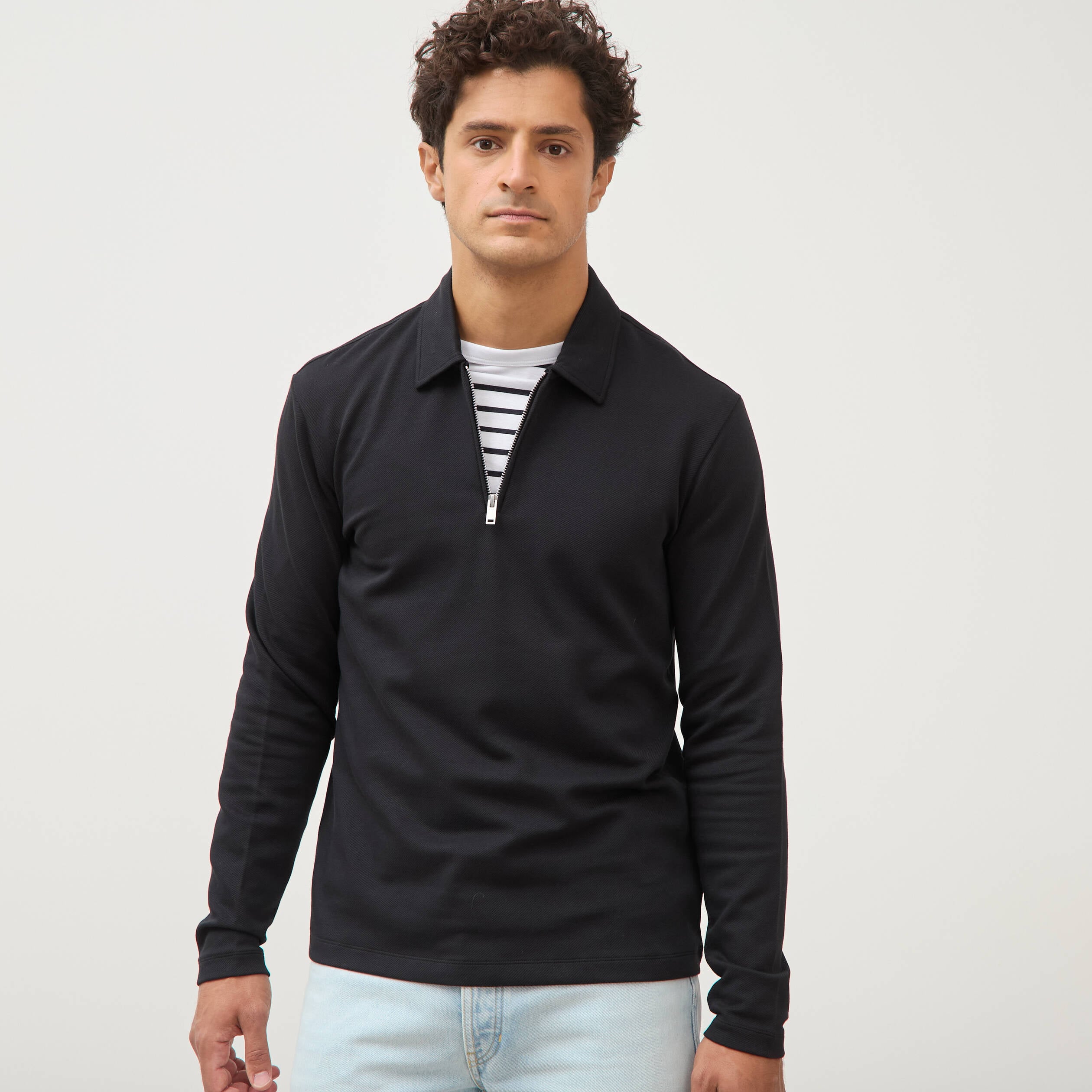 Polo droit manches longues noir homme