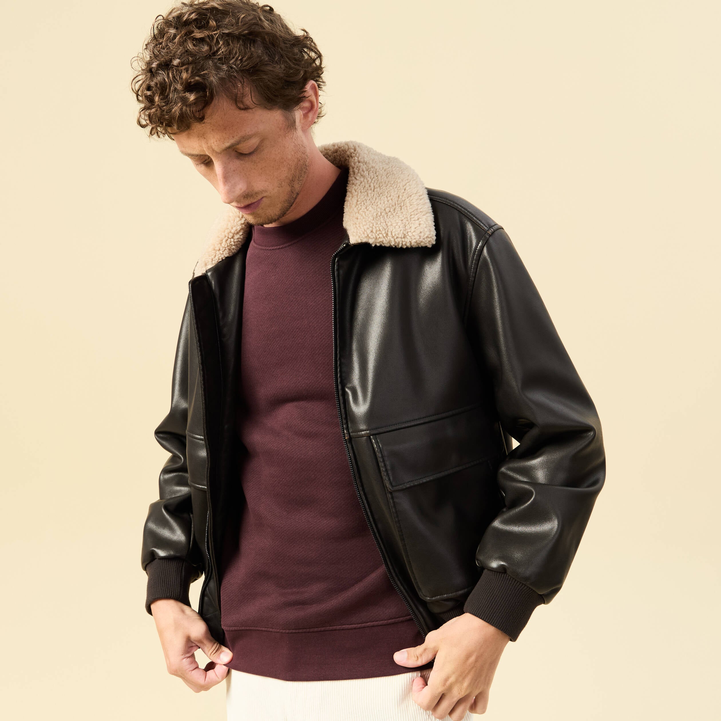 Blouson aviateur manches longues marron fonc&eacute; homme