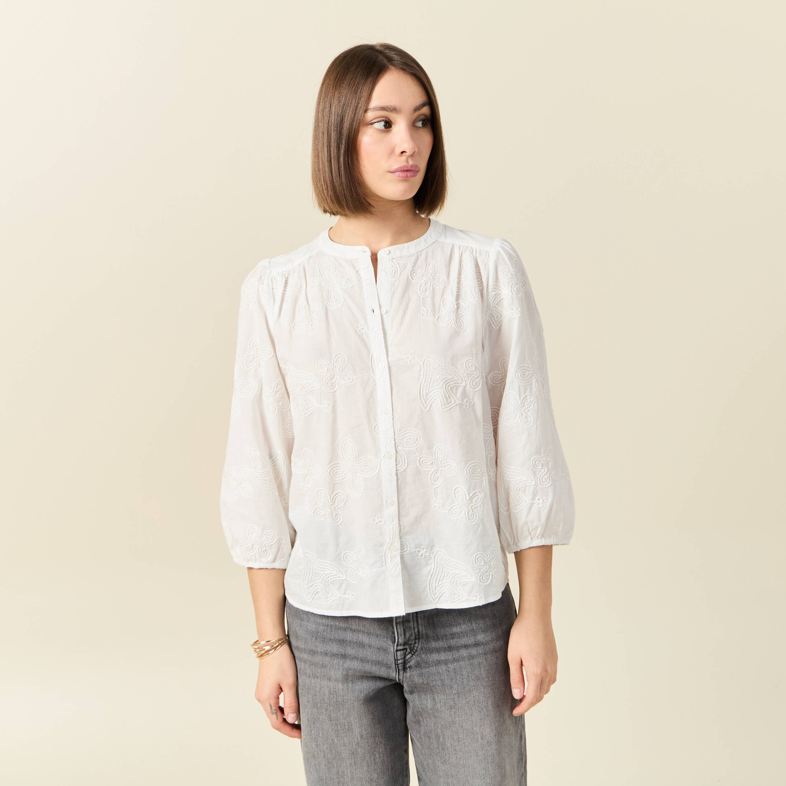 chemise manches 34 brodee ecru femme Chemise manches 3/4 brodée ecru femme
