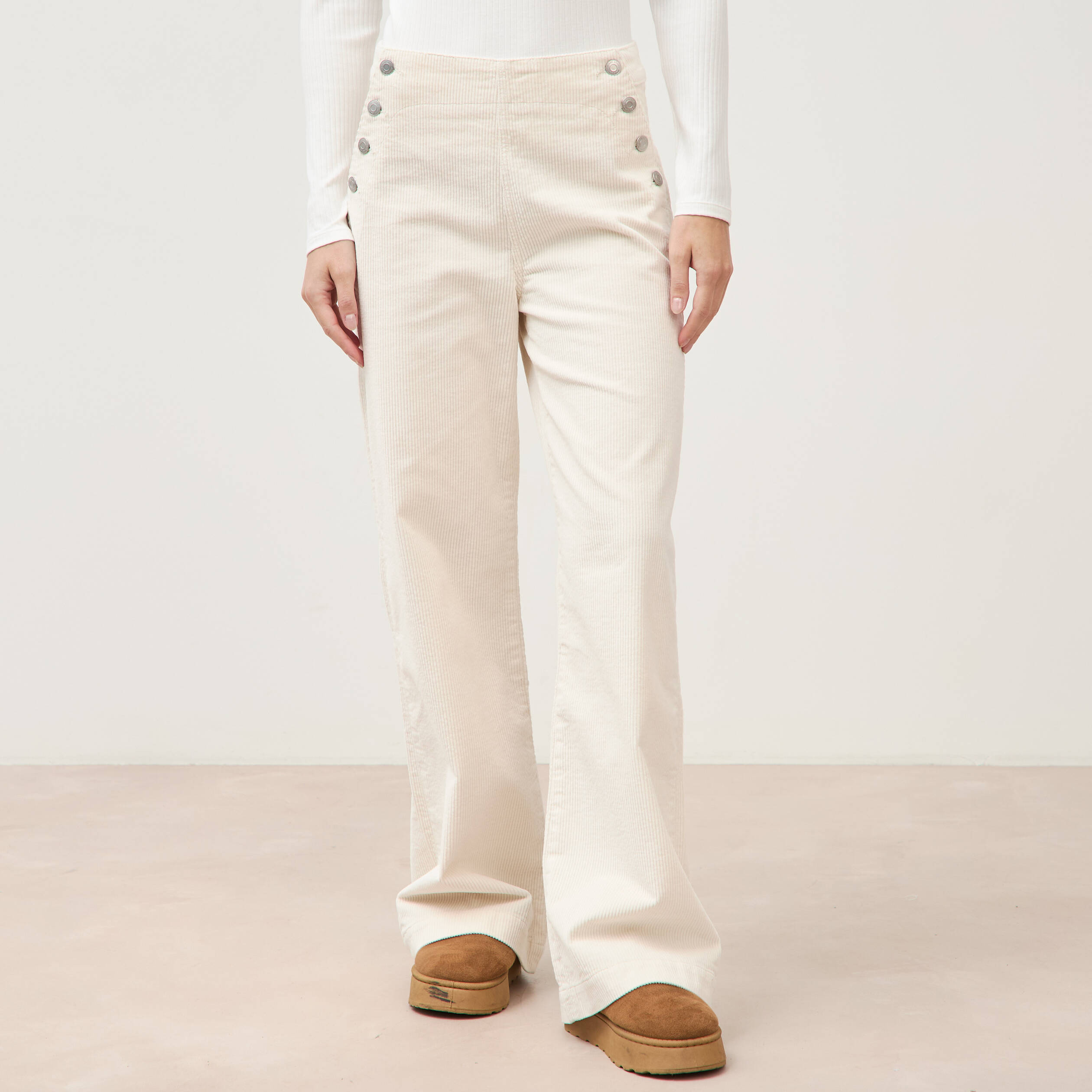 Pantalon large taille haute en velours ivoire femme
